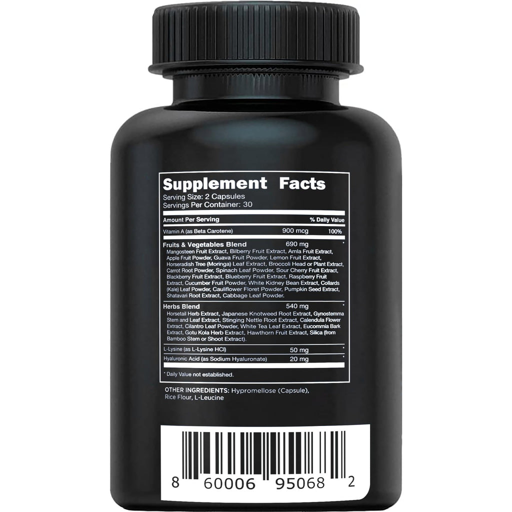 Vital Vitamins Vegan Collagen Booster Supplements, 60 Capsules | Supports Skin, Hair, Nails & Joints, Formulated with 30+ Superfoods, Hyaluronic Acid, Silica & Vitamin A, Non-GMO