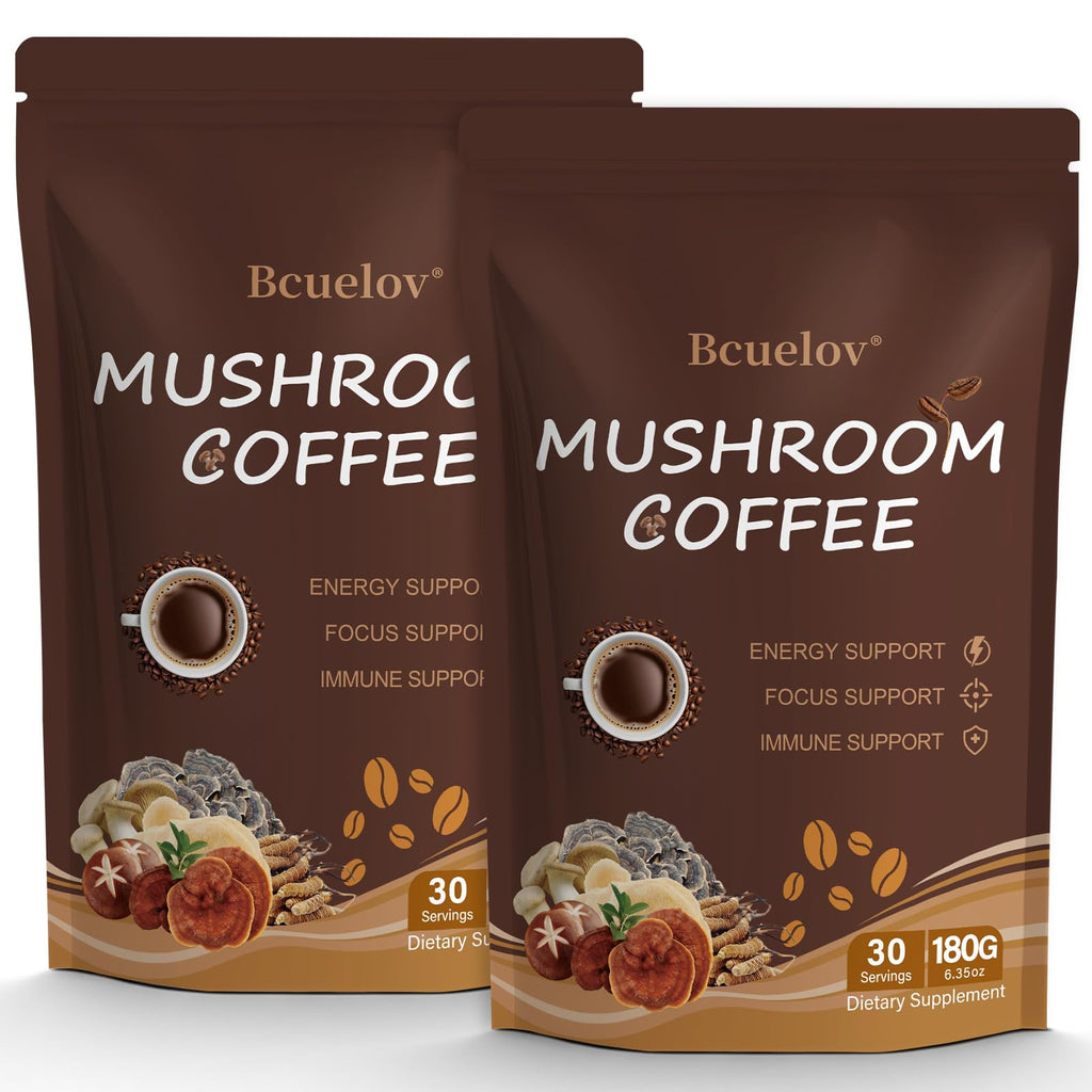 Mushroom Coffee, Instant Mushroom Coffee Powder with 6 Adaptogenic Mushrooms (Cordyceps, Lion’s Mane, Shiitake, Turkey Tail) and MCT Oil for Better Energy, Focus, Immune Support - 30 Servings