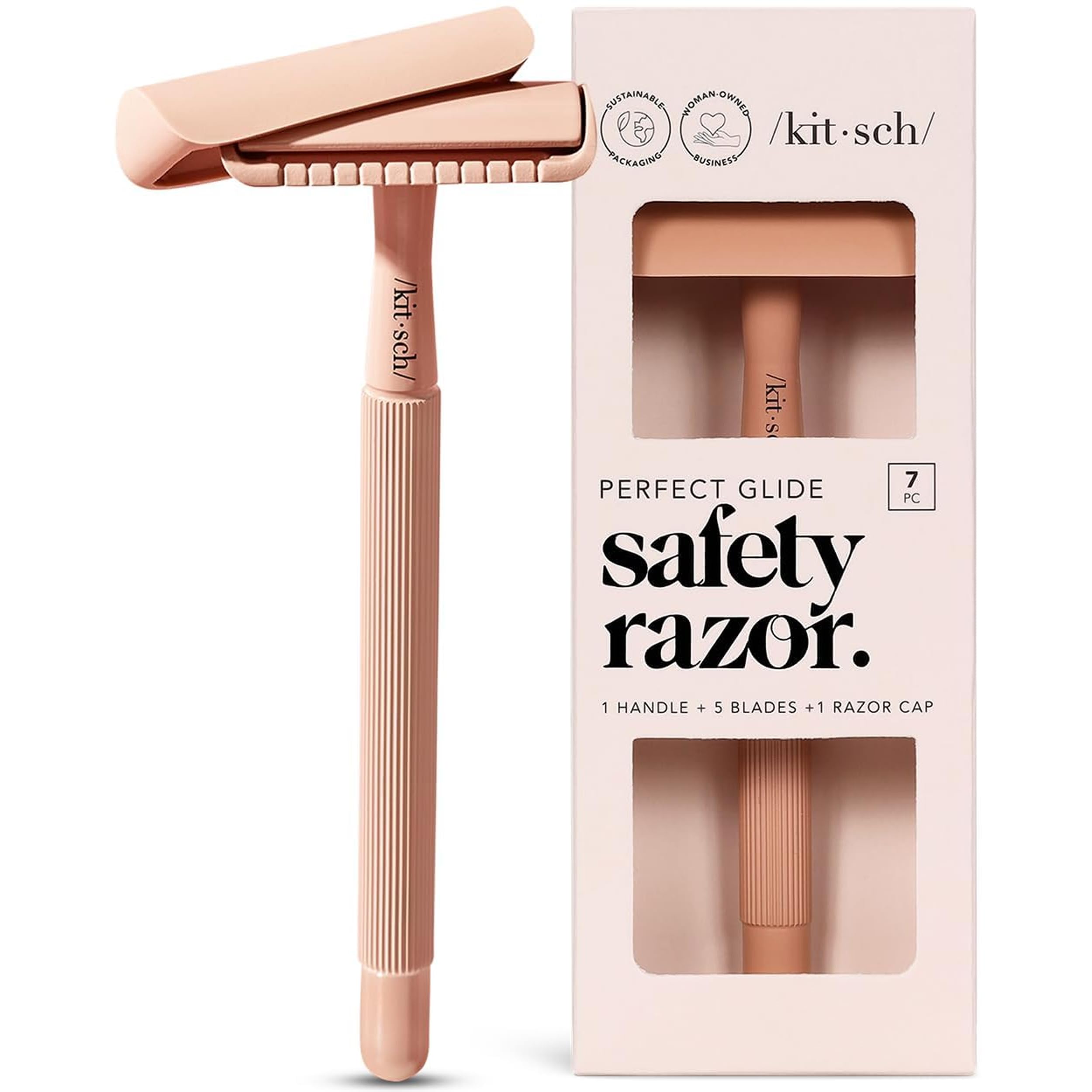 Buy now Kitsch Double Edge Safety Razors for Women and Men, Long Metal Handle and Stainless Steel Single Blade Razor with 5 Double Edge Refills, for Shaving and Travel Essentials - Terracotta at indiglob india