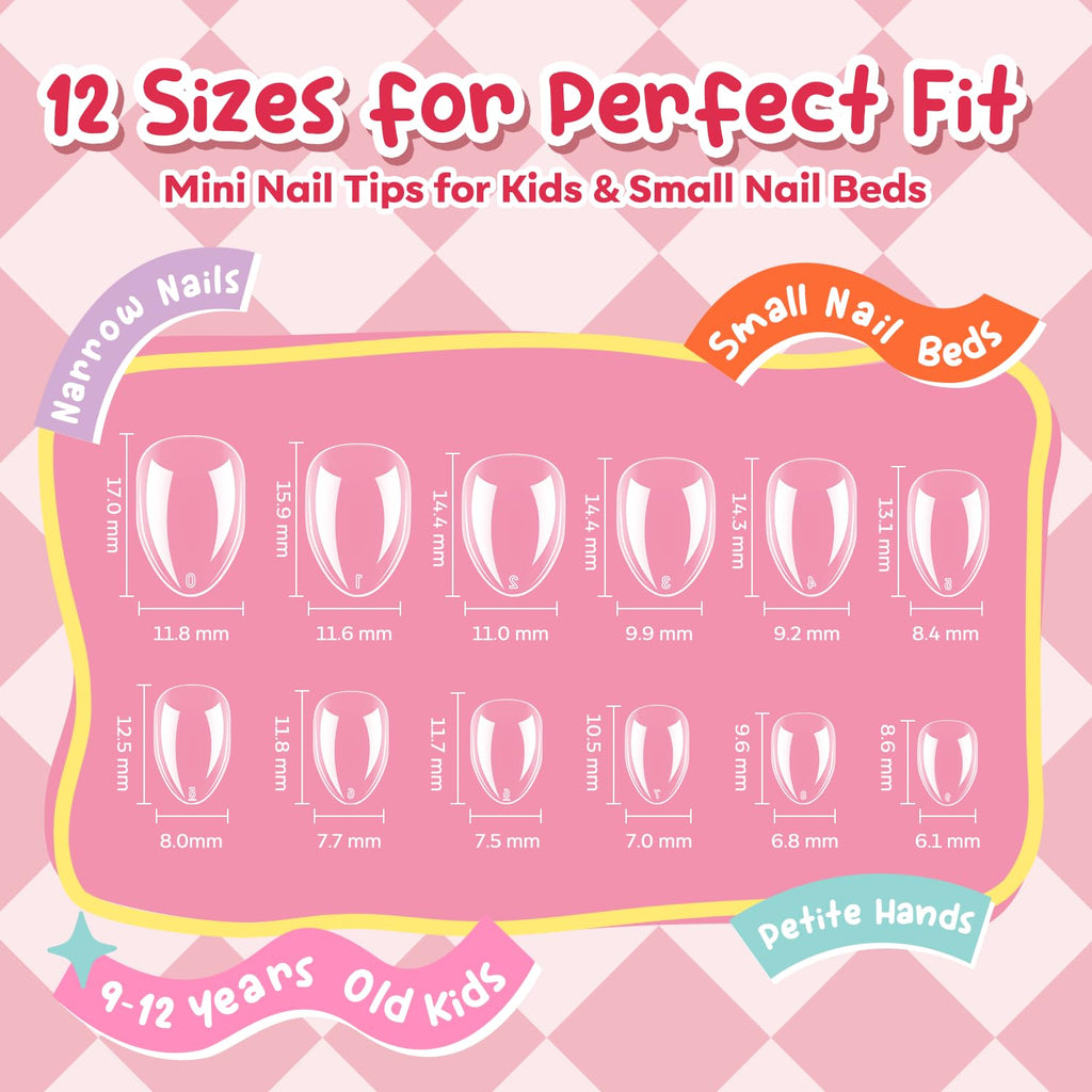 Premium imported Modelones short almond nail tips, 360 pieces for kids and small nail beds, perfect fit for petite hands.
