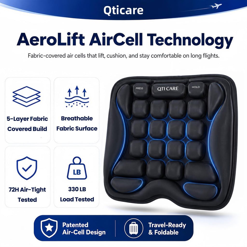 Airplane Seat Cushion, Air-Cell Travel Cushion for Long Flights, Inflatable Portable Seat Pad with Built-in Pump for Air Travel, Car, Office Chair and Wheelchair