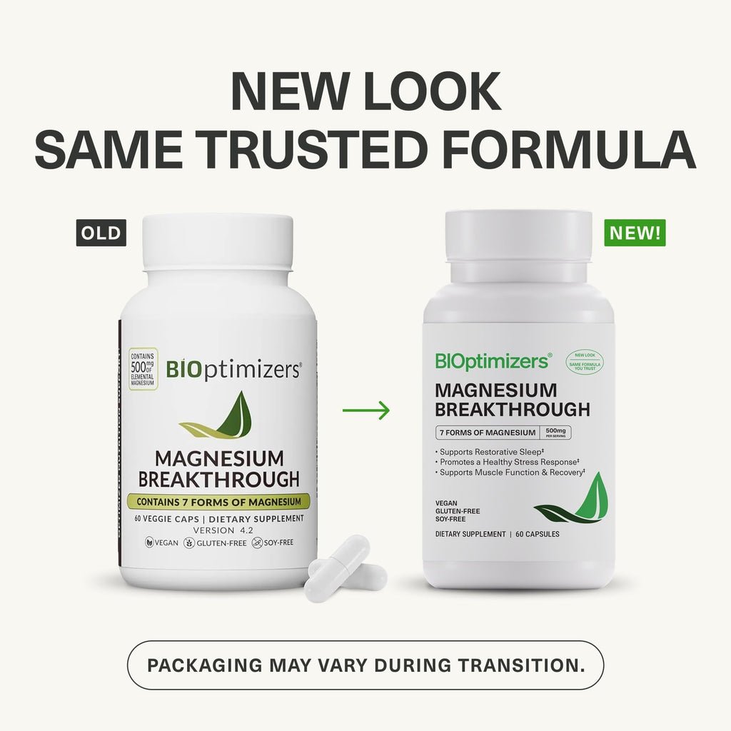 BIOptimizers Magnesium Breakthrough Supplement with 500mg - 7 Forms of Magnesium: Glycinate, Malate, Citrate, and More - Natural Support for Sleep and Cognitive Function -60 Capsules- Calming Vitamins