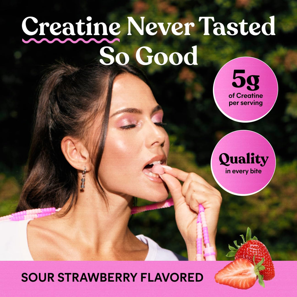 Lemme Creatine Monohydrate Gummies, Sour Strawberry (60 Gummies) | 5g Creatine for Lean Muscle, Strength, Recovery & Cognitive Health with Ginseng for Absorption. NSF Certified for Women & Men