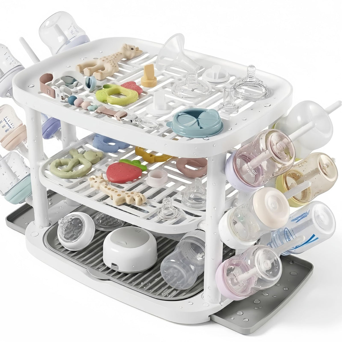 Baby Bottle Drying Rack,3-Tier Large Capacity Countertop Organizer with 360° Ventilation, Removable Drip Tray, Non-Slip Base – Easy to Clean Bottle Holder for Baby Accessories