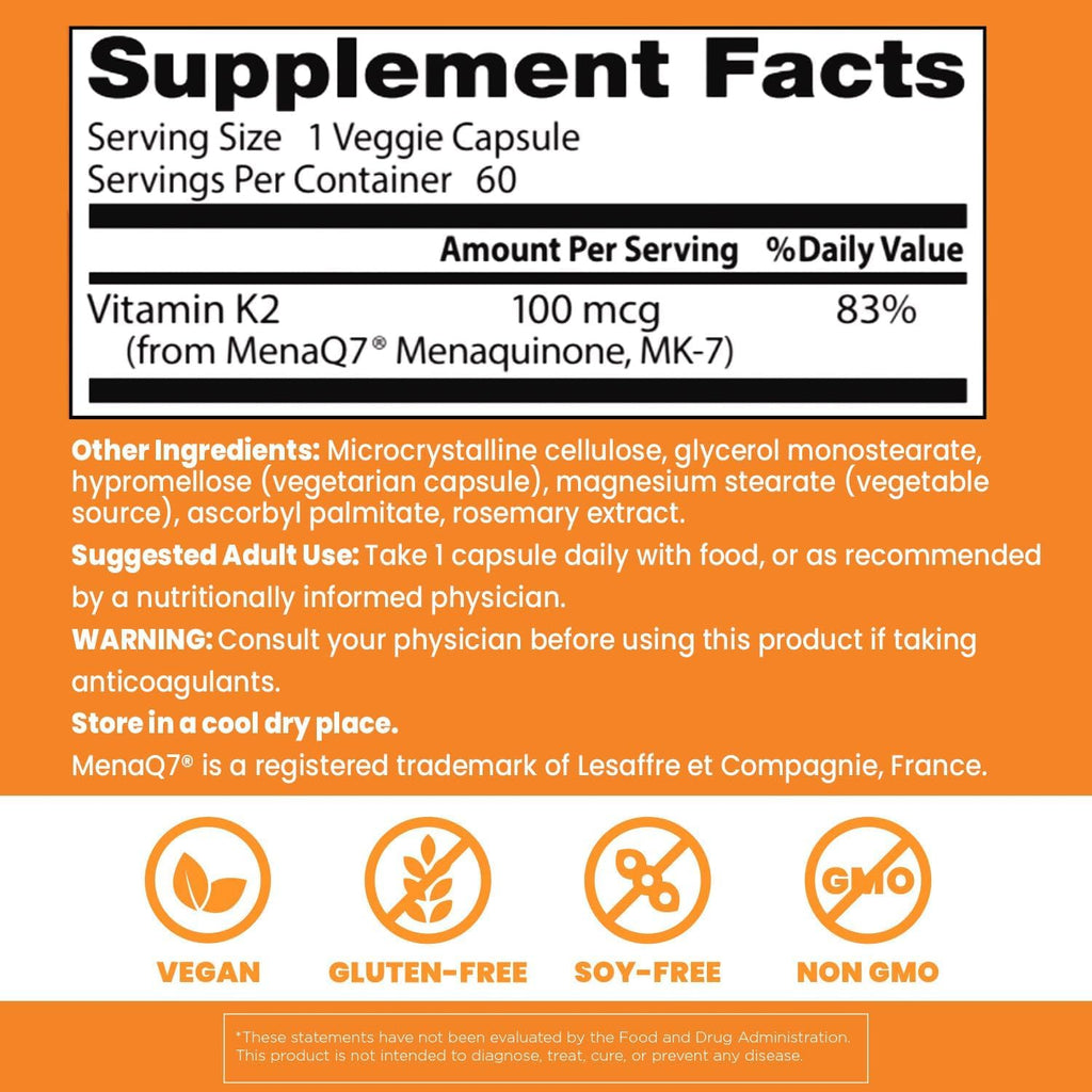 Doctor's Best Natural Vitamin K2 MK7 Supplement for Men & Women - Bone Health Support, 100 mcg Vitamin K-2 MK-7 Capsules with MenaQ7, Calcium Support, Non GMO, Vegan - 60 Veg Caps