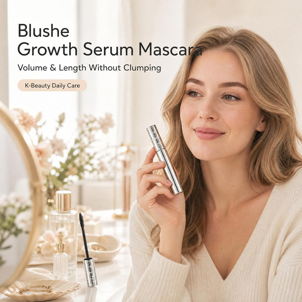 Blushe Growth Serum Mascara – Korean Volumizing & Lengthening Mascara, Clump-Free Lash Makeup for Dramatic Eye Looks, Daily Lash Care Routine, Easy Everyday Use