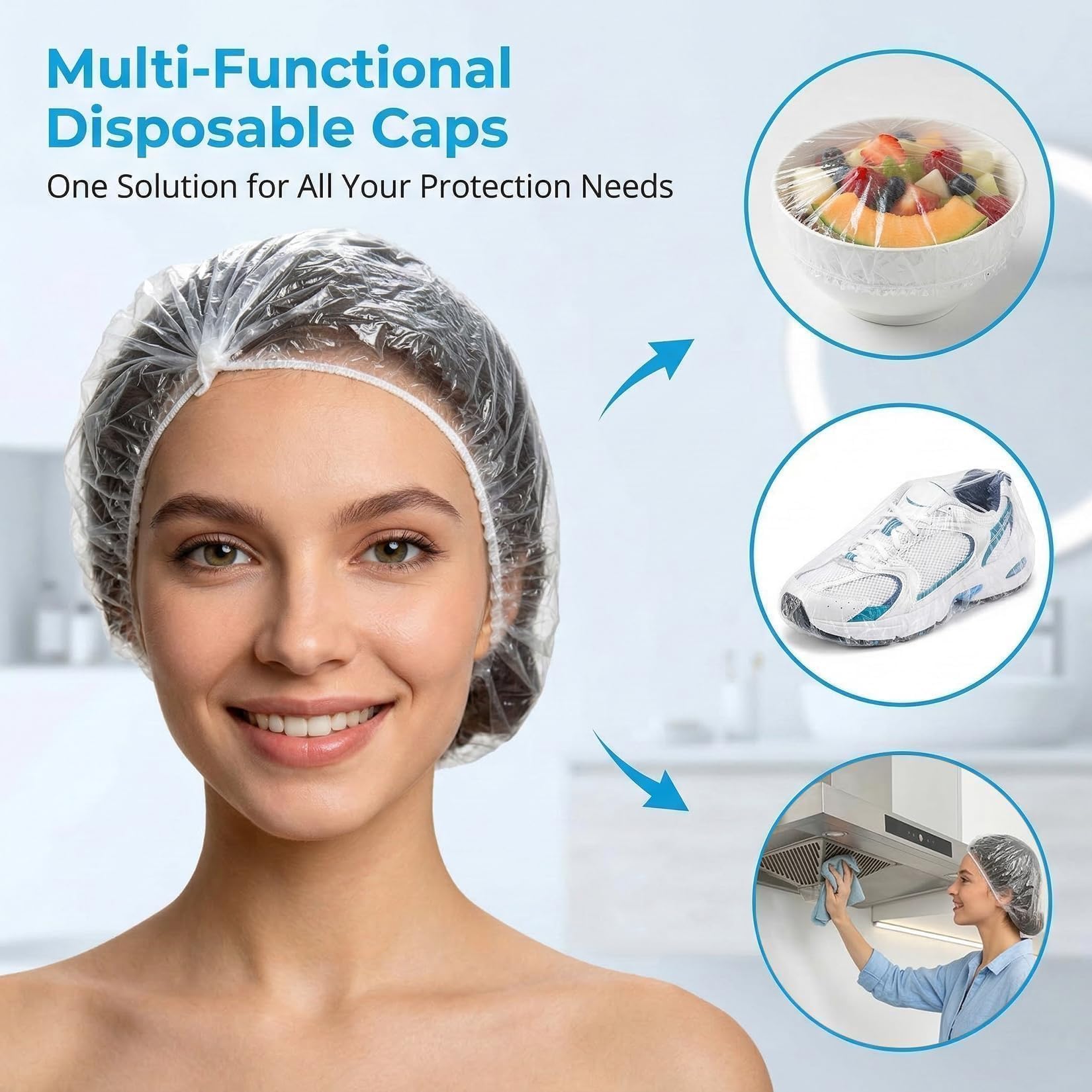 MAQIHAN 100 Disposable Shower Caps Large - 20.5" Thickened Plastic Hair Cap | Waterproof Reusable Hair Cover, Long Hair Treatment Deep Conditioning, Women/Men Essential for Bath, Hair Dye, Travel, Clear