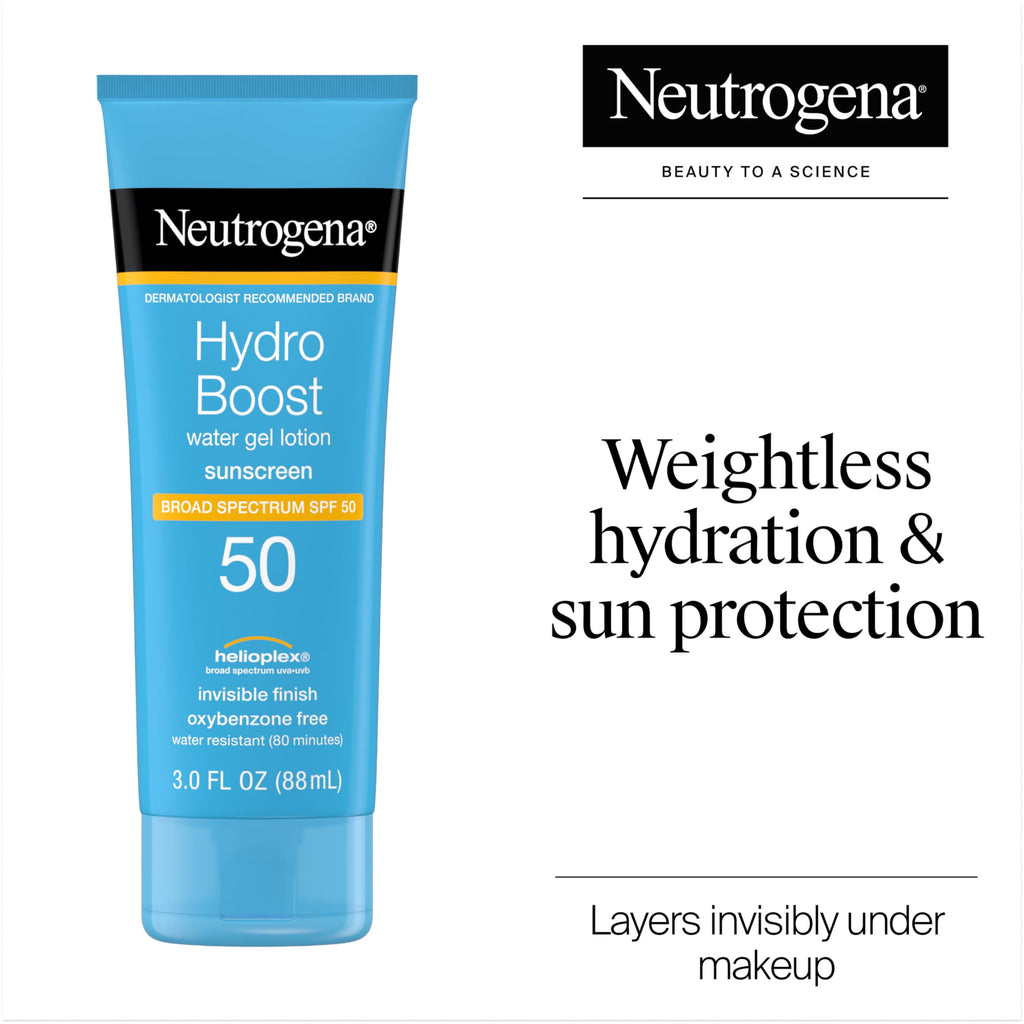 Neutrogena Hydro Boost Water Gel Sunscreen SPF 50, 3 fl oz | Face & Body Sunscreen Lotion, Hydrating, Water-Resistant, Non-Greasy, Broad Spectrum, Lightweight Moisturizer