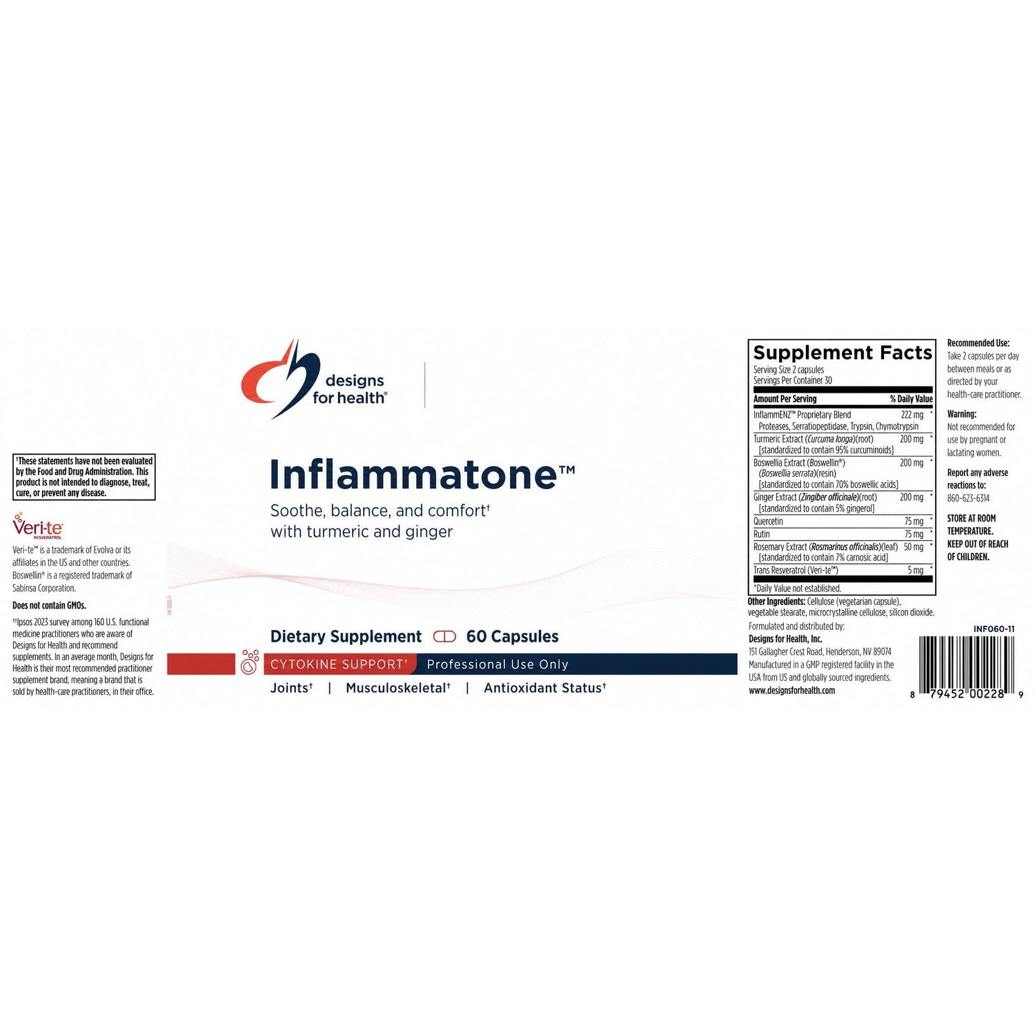 Designs for Health Inflammatone - Turmeric Supplements with Proteolytic Enzymes, Boswellia, Quercetin & Resveratrol (60 Capsules)