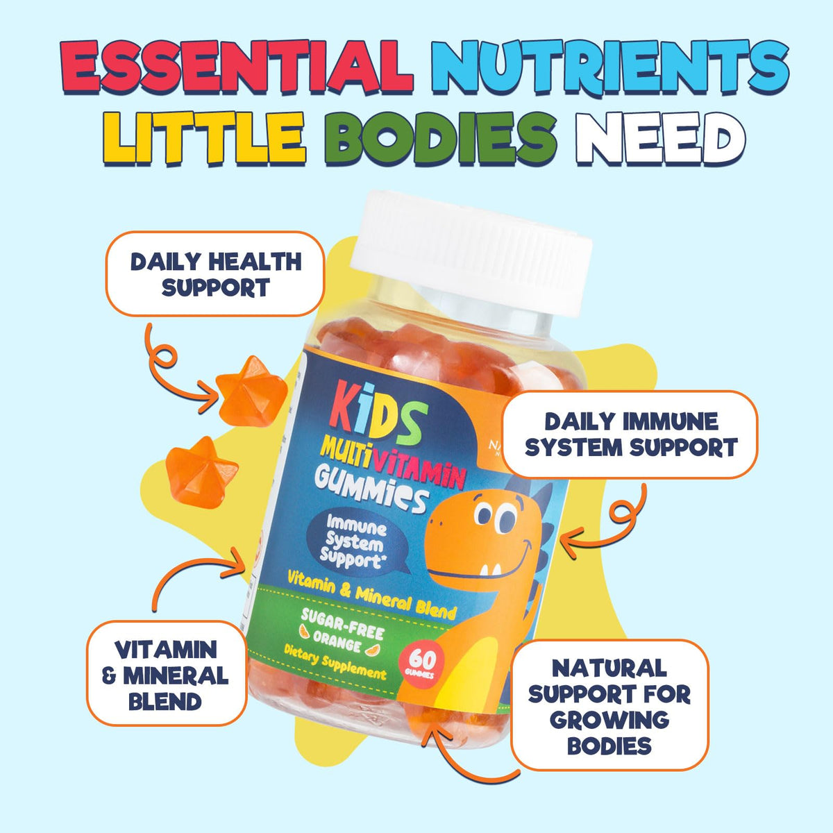 Kids Multivitamin Gummies - Sugar Free - Tasty Orange Flavor Gummy - Daily Immune Support with 100% Vitamin B12 - Essential Vitamins A, C, D3, E, B6, & Zinc Kid's Multivitamin - Non-GMO - 60 Gummies