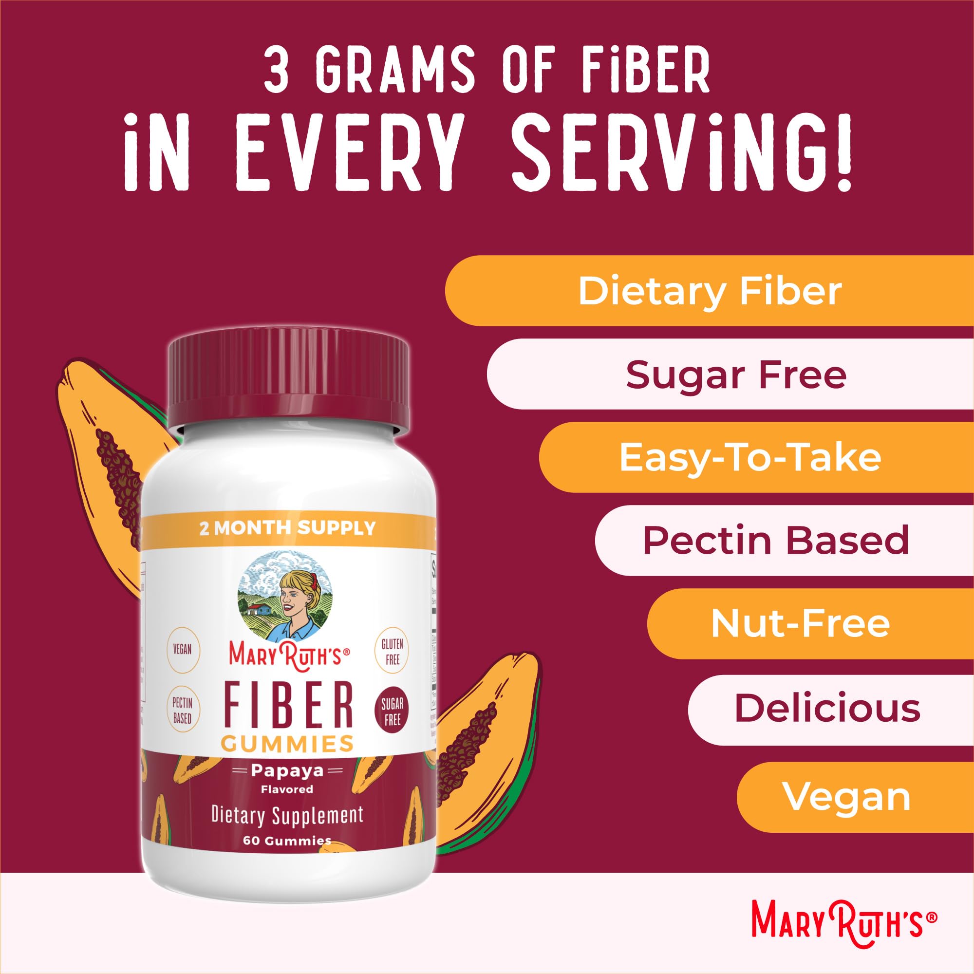 MARYRUTH'S Fiber Gummies for Adults, Sugar Free, 60 Count, 2 Month Supply | Soluble Fiber Supplement, Gut Health & Digestion Support, 3g Fiber per Gummy, Vegan