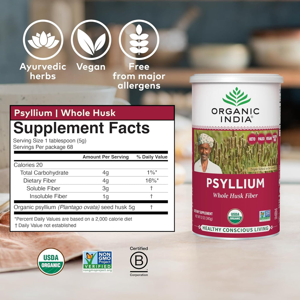 ORGANIC INDIA Whole Psyllium Husk Powder Organic - Psyllium Husk Fiber Supplement, Digestion Support, Vegan, Gluten-Free, Non-GMO, Soluble & Insoluble Fiber Source - 12 oz (Pack of 1)