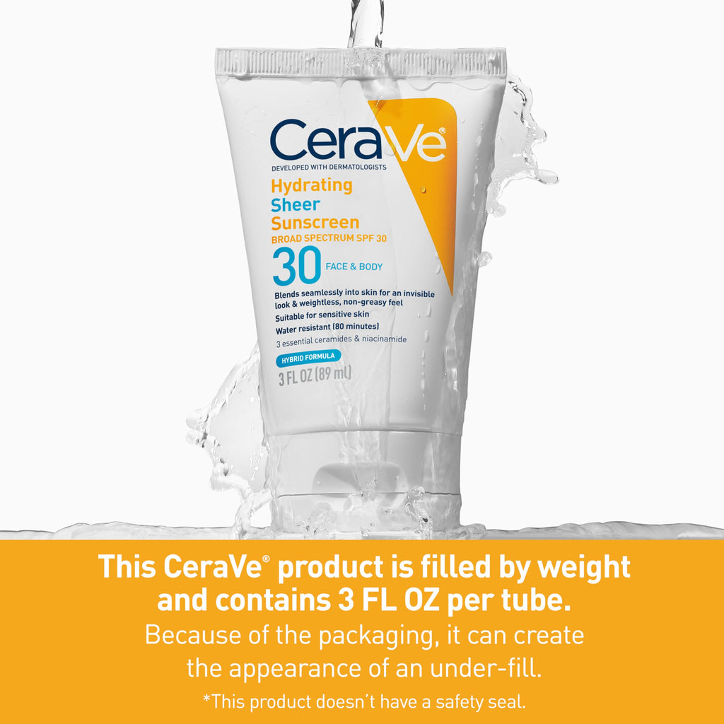 CeraVe Hydrating Sheer Sunscreen SPF 30 with Hyaluronic Acid, 3oz | Mineral and Chemical Sunscreen For Face and Body with Zinc Oxide & Ceramides, Fragrance-Free & Paraben-Free