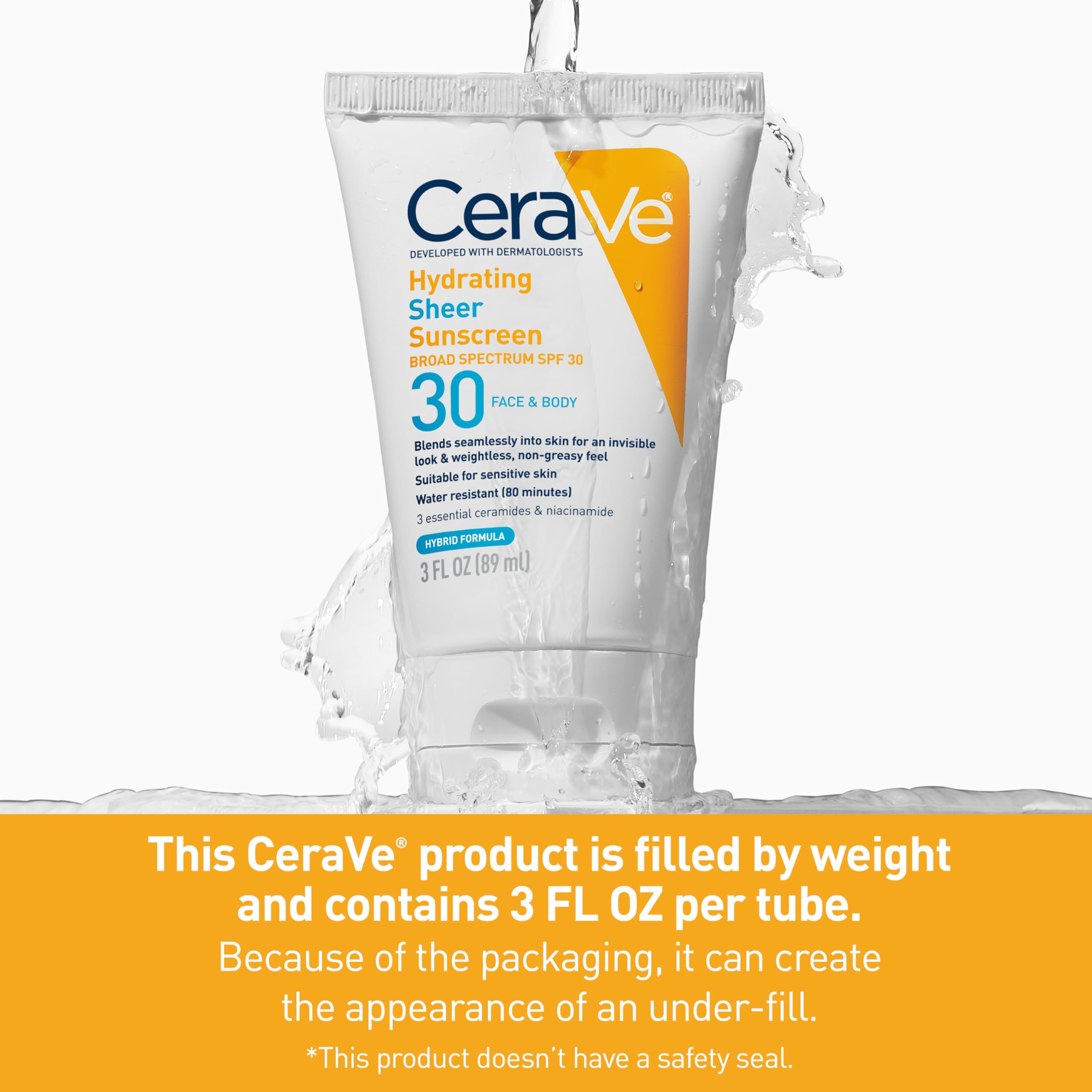 CeraVe Hydrating Sheer Sunscreen SPF 30 with Hyaluronic Acid, 3oz | Mineral and Chemical Sunscreen For Face and Body with Zinc Oxide & Ceramides, Fragrance-Free & Paraben-Free