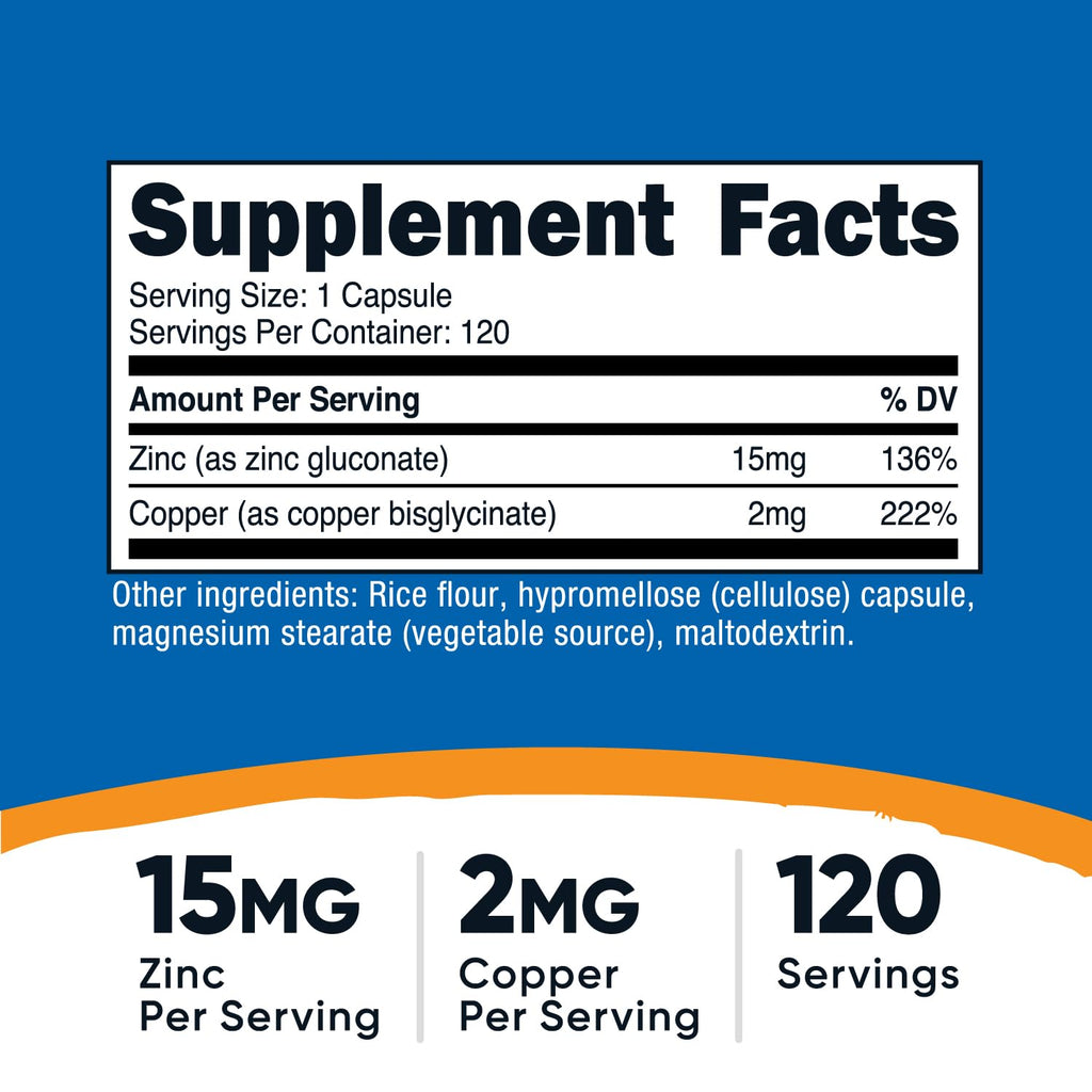 Nutricost Zinc + Copper Capsules, 120 Servings, GMO-Free, Vegetarian | 15MG Zinc + 2MG Copper Per Serving