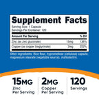 Nutricost Zinc + Copper Capsules, 120 Servings, GMO-Free, Vegetarian | 15MG Zinc + 2MG Copper Per Serving