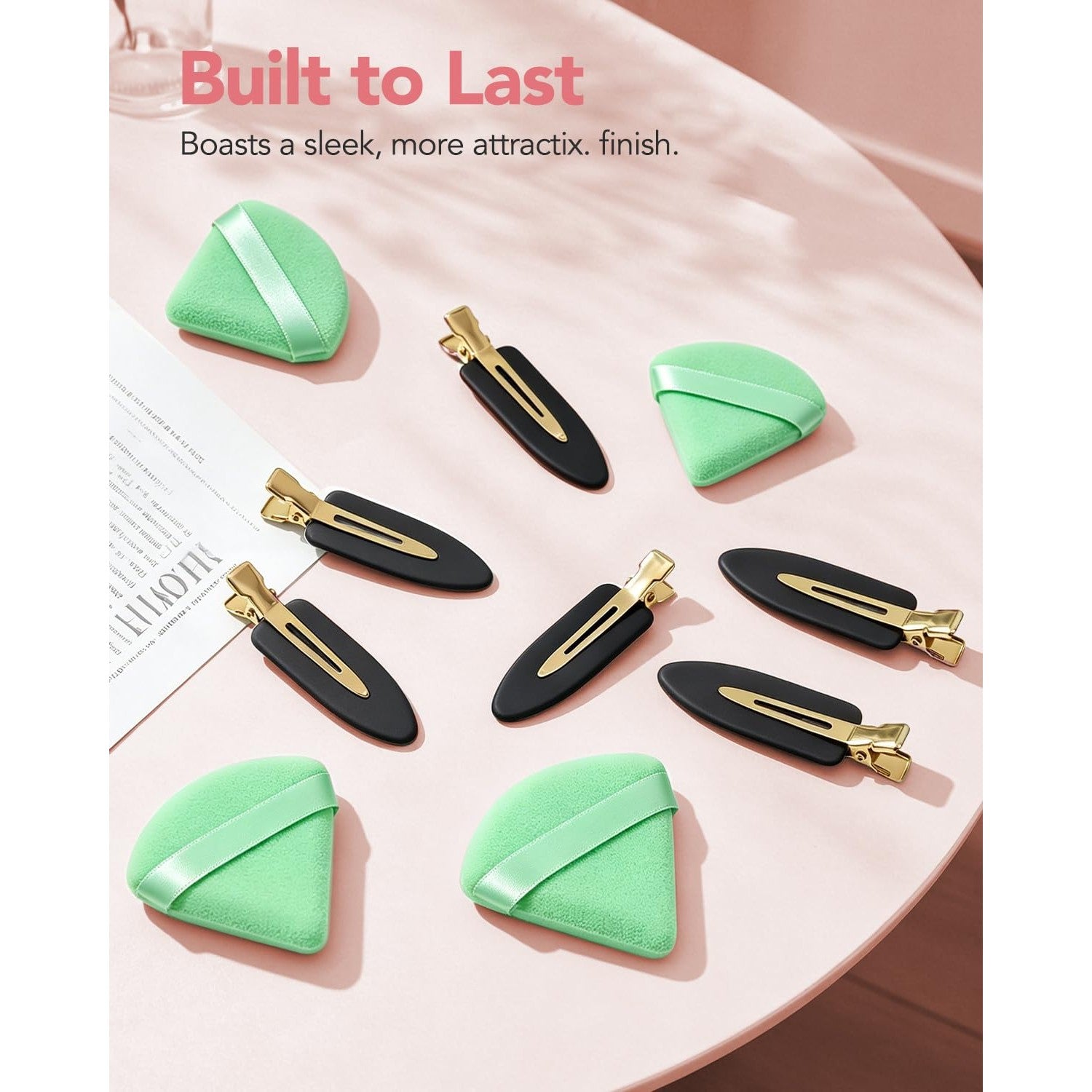 Amizo 6 Pcs Creaseless Hair Clips and 6 Pcs Triangle Powder Puffs for Women | Beauty Makeup Set，No Crease Design, No Bend,Loose Powder,Smooth Makeup Application and No-Dent Hair Styling