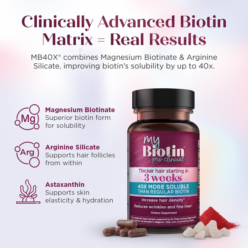 Purity Products MyBiotin ProClinical - Biotin - Thicker Hair in 3 Weeks | Fights Wrinkles, MB40X Patented Biotin Vitamin B7 Matrix w/Astaxanthin - 40X More Soluble vs Ordinary Biotin, 90 Veg Capsules