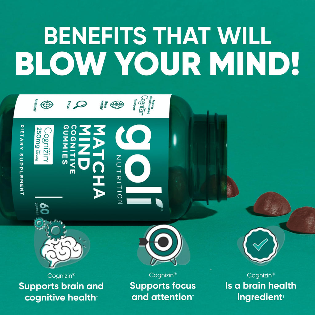 Goli Matcha Mind Cognitive Gummies with Cognizin Citicoline - 250mg Citicoline Plus Matcha Powder - Brain Health and Focus Support - Vegan, Non-GMO, Gluten-Free, 180 Count (3 Pack)