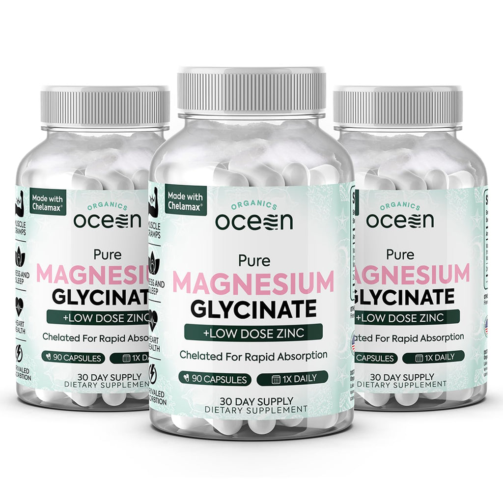 Organics Ocean Pure Magnesium Glycinate with Zinc - Maximum Strength Chelated Magnesium Supplement for Women and Men for Muscle Cramps and Sleep Support - 6 Bottles