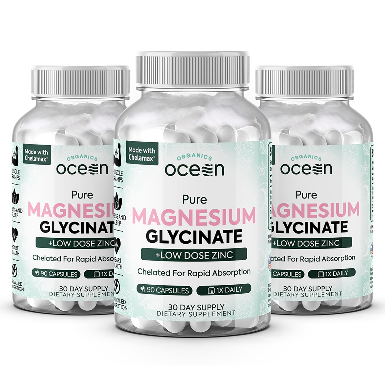 Organics Ocean Pure Magnesium Glycinate with Zinc - Maximum Strength Chelated Magnesium Supplement for Women and Men for Muscle Cramps and Sleep Support - 6 Bottles