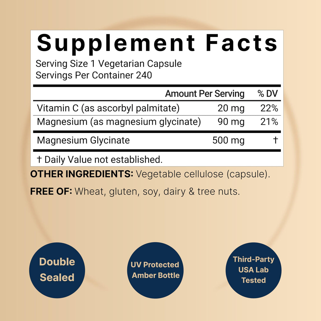 NatureBell Pure Magnesium Glycinate 500mg Per Serving, 240 Veggie Capsules | 100% Chelated & Purified Magnesium Supplement for Women & Men. 3rd Party Tested, Vegan Friendly, Non-GMO, Filler Free.