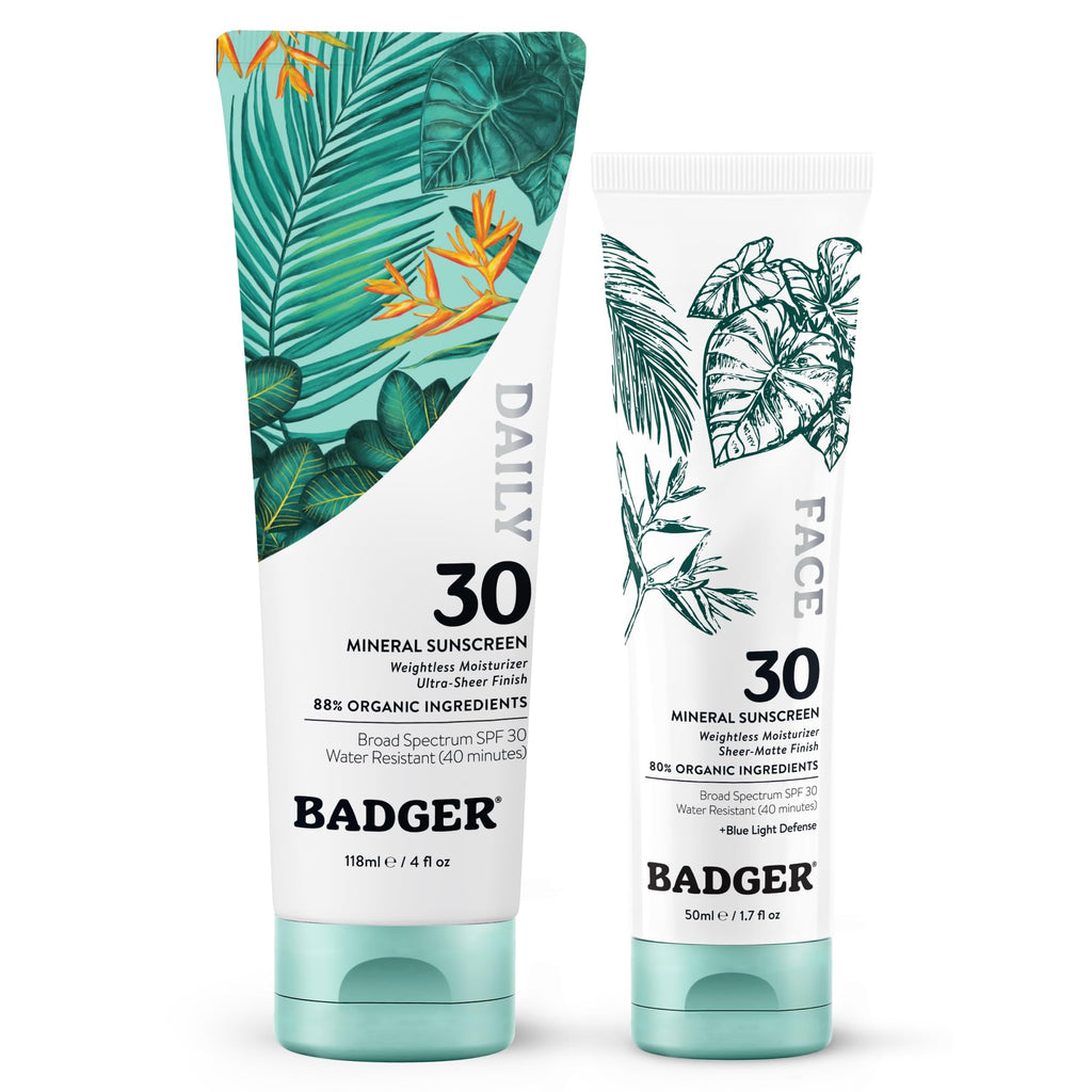 Badger Mineral Daily Sunscreen SPF 30, Zinc Oxide, Organic, 4 oz (2-Pack) | Lightweight, No White Cast, Moisturizing, Organic, Reef Safe, Vegan Unscented, Daily mineral sunscreen, Easy apply sunscreen