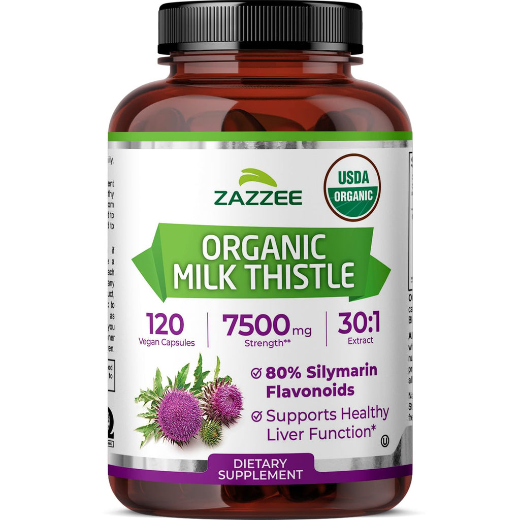 Zazzee USDA Organic Milk Thistle 30:1 Extract, 80% Silymarin, 120 Capsules | Vegan, 4 Month Supply, Certified Kosher, High Potency Liver & Antioxidant Support, Silybum Marianum, Non-GMO, Made in the USA