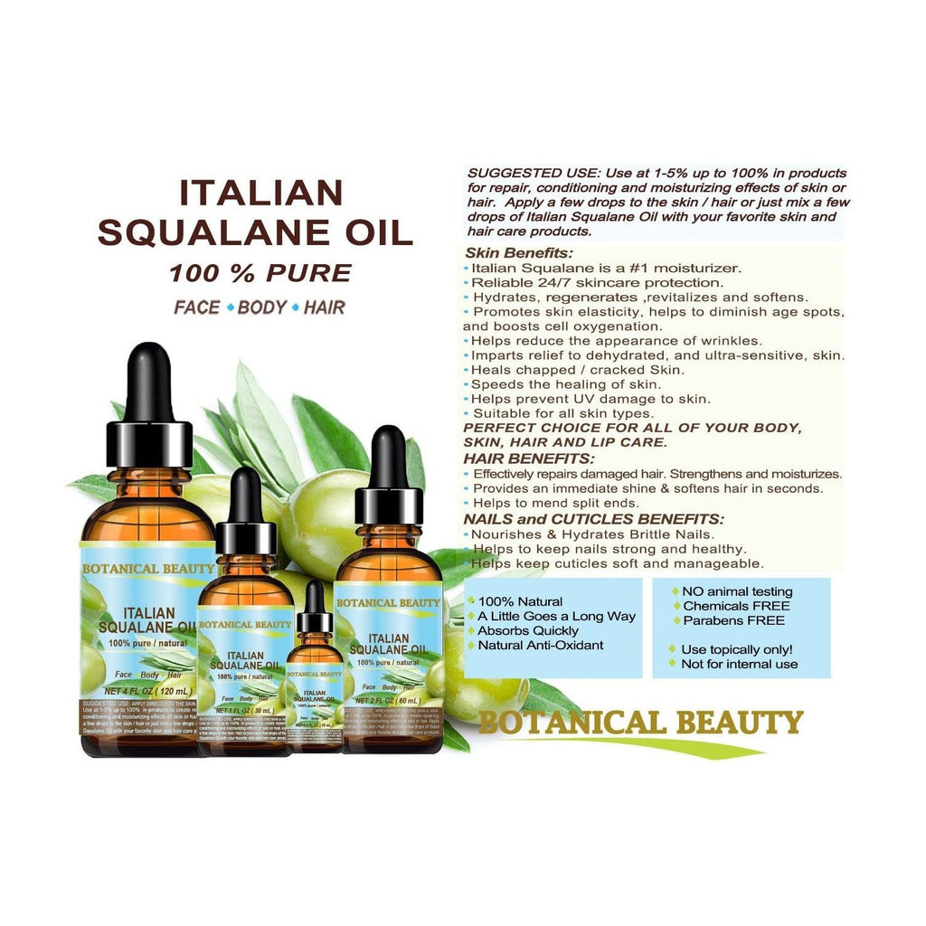 Buy now Botanical Beauty SQUALANE Italian Olive. 100% Pure/Natural/Undiluted Oil. 2 fl.oz- 60ml. 100% Ultra-Pure Moisturizer for Face, Body & Hair. Reliable 24/7 skincare protection at indiglob india