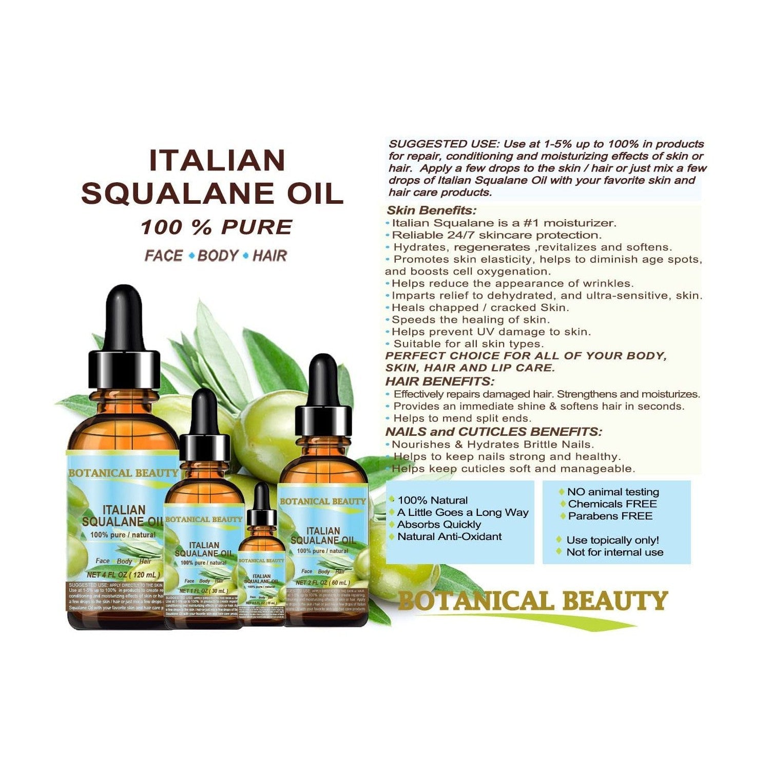 Buy now Botanical Beauty SQUALANE Italian Olive. 100% Pure/Natural/Undiluted Oil. 2 fl.oz- 60ml. 100% Ultra-Pure Moisturizer for Face, Body & Hair. Reliable 24/7 skincare protection at indiglob india