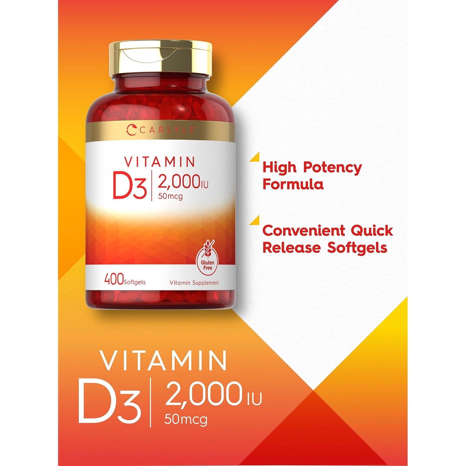 Carlyle Vitamin D3 2000IU Softgels | 400 Count | 50 mcg | Non-GMO, Gluten Free Formula | Vitamin D Supplement