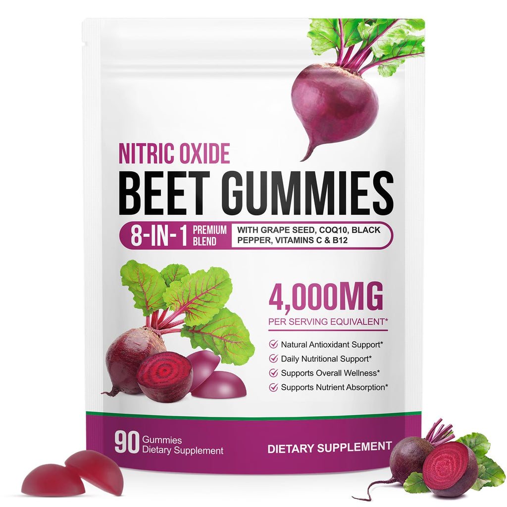 90 Chews Beet Root Gummies, Sugar Free | 8 in 1 Beet Root Extract with CoQ10, Grapeseed Extract 90 Chews for Antioxidant, Promoting Nitric Oxide, Energy Level Suport, with Vitamin B12, C