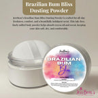 Brazilian Bum Bliss Dusting Powder in a clear container, order online for fresh scent and soft skin. Available now!