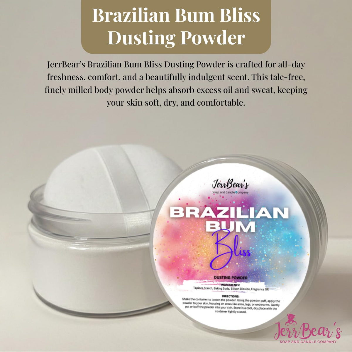 Brazilian Bum Bliss Dusting Powder in a clear container, order online for fresh scent and soft skin. Available now!