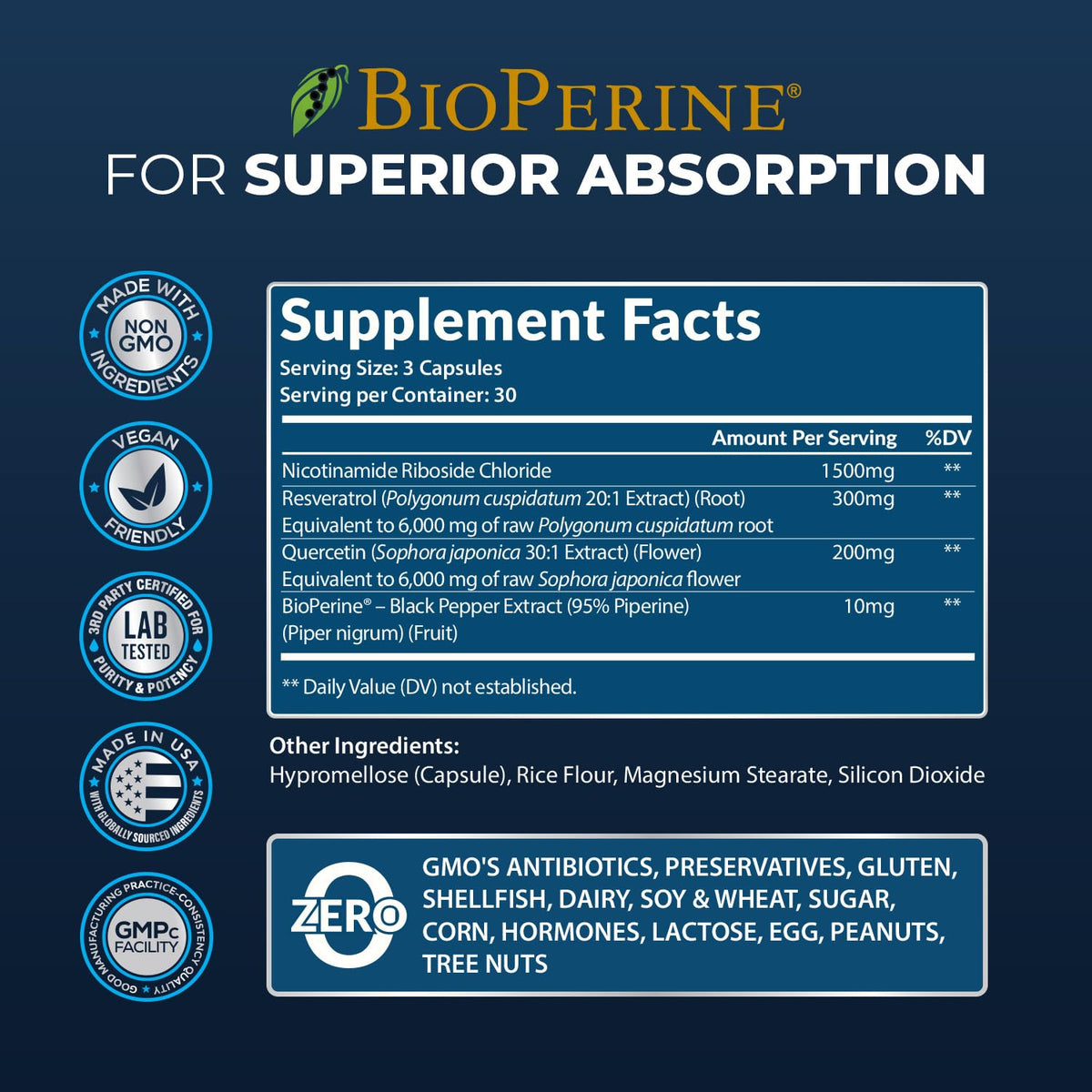 2010 MG NAD+ Supplement- Nicotinamide Riboside, Resveratrol, Quercetin & BioPerine® (High Absorption)- Natural NAD Booster for Anti-Aging, Cellular Energy, Skin- For Women & Men- 90 V Capsules