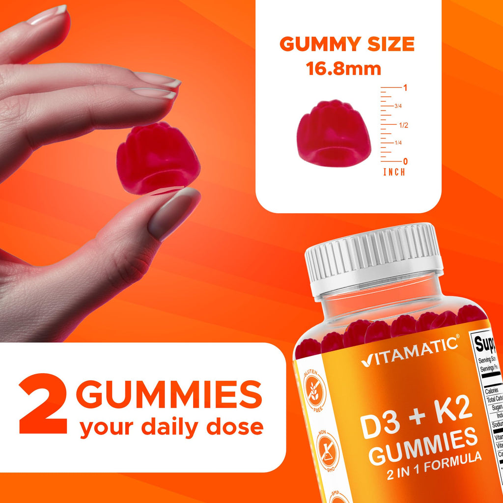 Vitamatic Vitamin D3 + K2 Gummies 60 Count | D-3 5000 IU + Vitamin K 140mcg for Bone Heart & Immune Support, Pectin-Based, Non-GMO, Gluten-Free