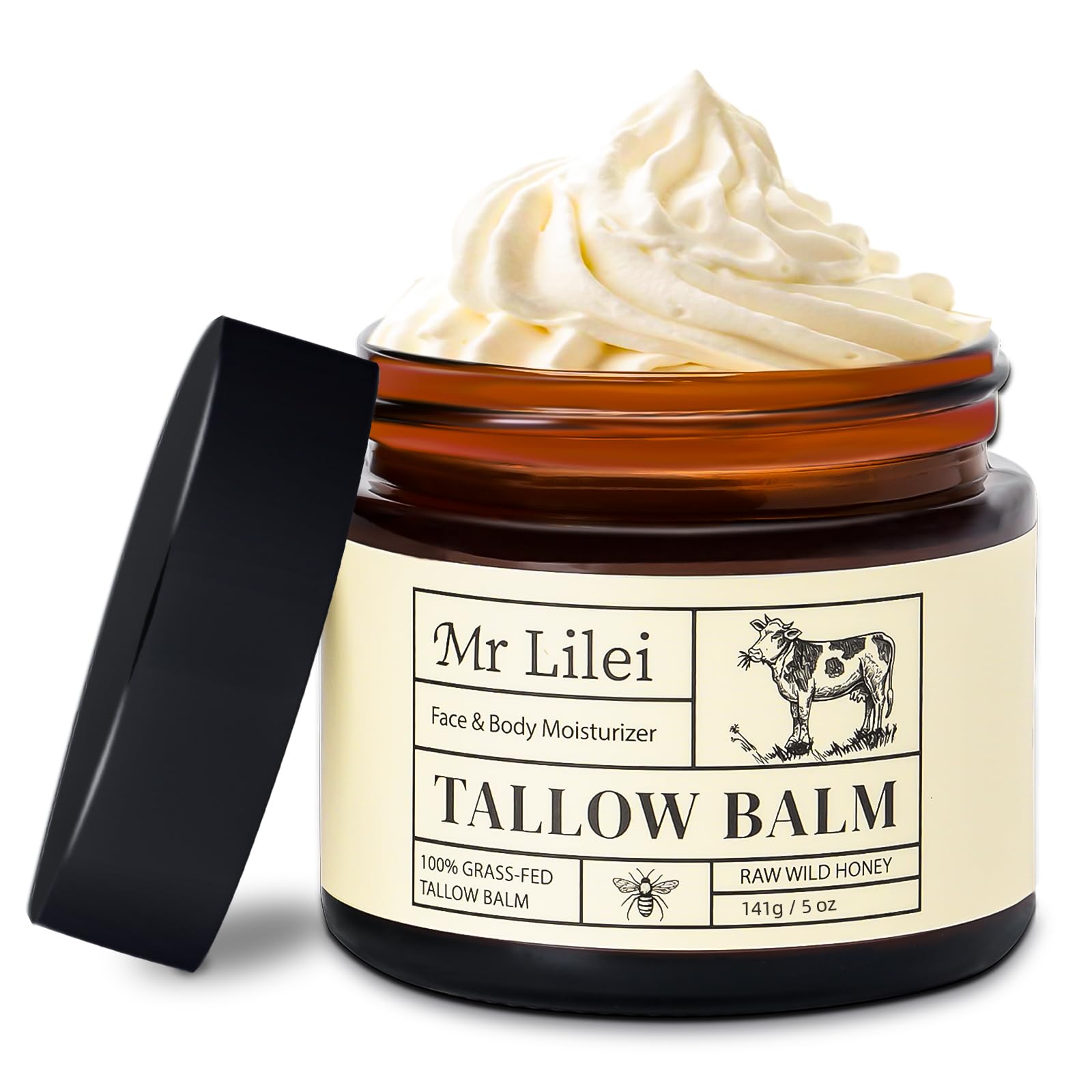 Beef Tallow for Skin - 100% Grass Fed Whipped Tallow and Honey Balm - Unscented, Non-Greasy Daily Face Moisturizer & Body Butter for Dry Sensitive Skin (5oz)