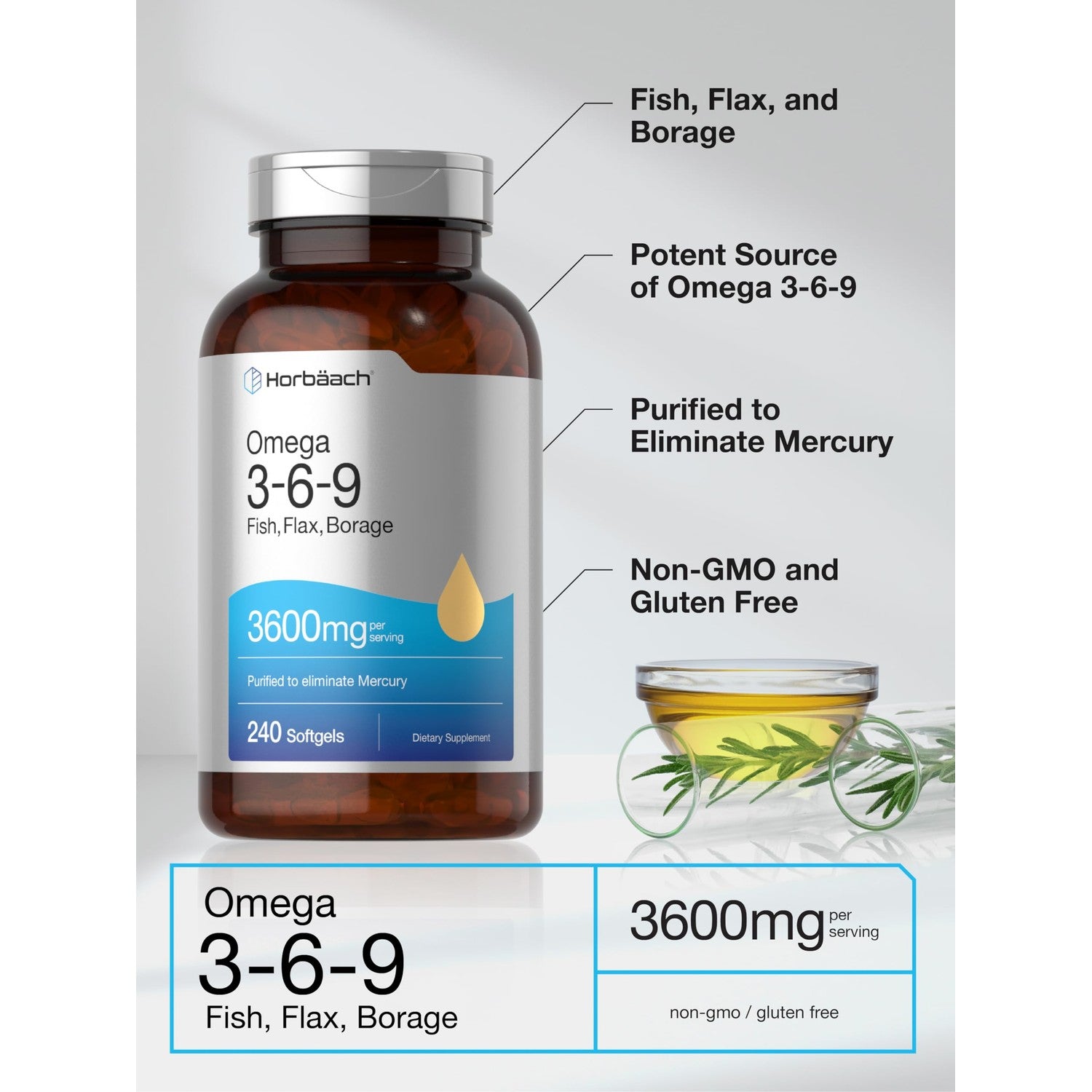 Horbäach Triple Omega 3-6-9 240 Softgels | from Fish, Flaxseed, Borage Oils | Non-GMO & Gluten Free