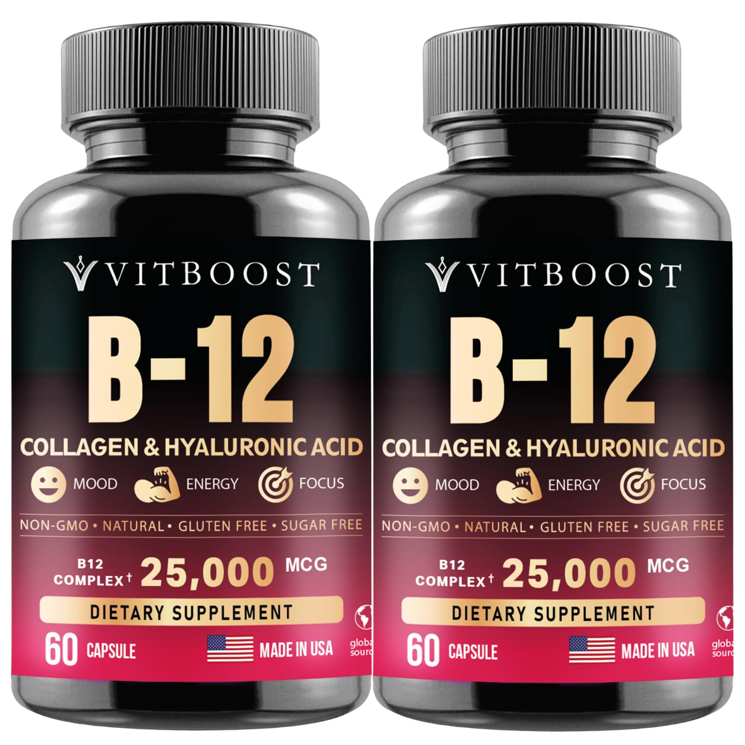 Vitamin B12 with Hyaluronic Acid and Collagen - 25000 mcg B12 Complex, 60Ct | Maximize Absorption & Energy - Folate, B1, B2, B3, B6, B7, B12 Vitamins 5000 mcg Methylcobalamin - Gluten Free