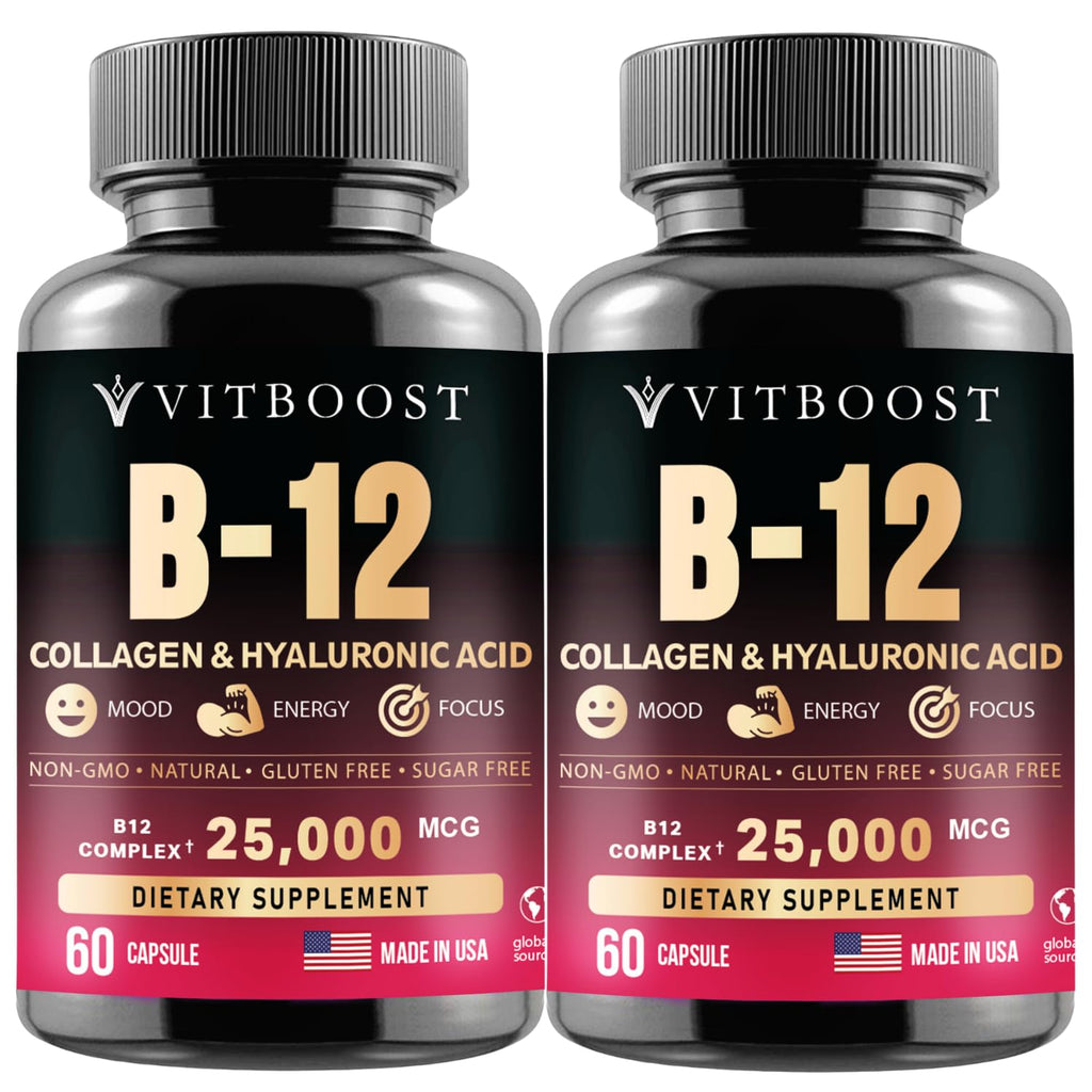 Vitamin B12 with Hyaluronic Acid and Collagen - 25000 mcg B12 Complex, 60Ct | Maximize Absorption & Energy - Folate, B1, B2, B3, B6, B7, B12 Vitamins 5000 mcg Methylcobalamin - Gluten Free
