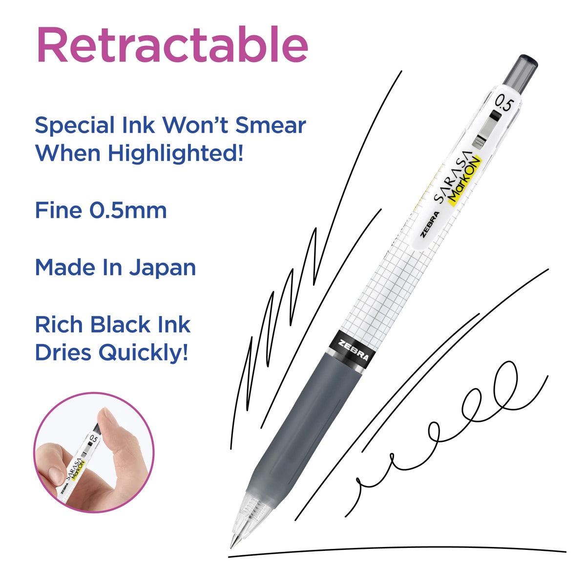 Zebra Pen SARASA MarkOn Retractable Gel Pen, Black Ink, 0.5mm, 12-Pack
