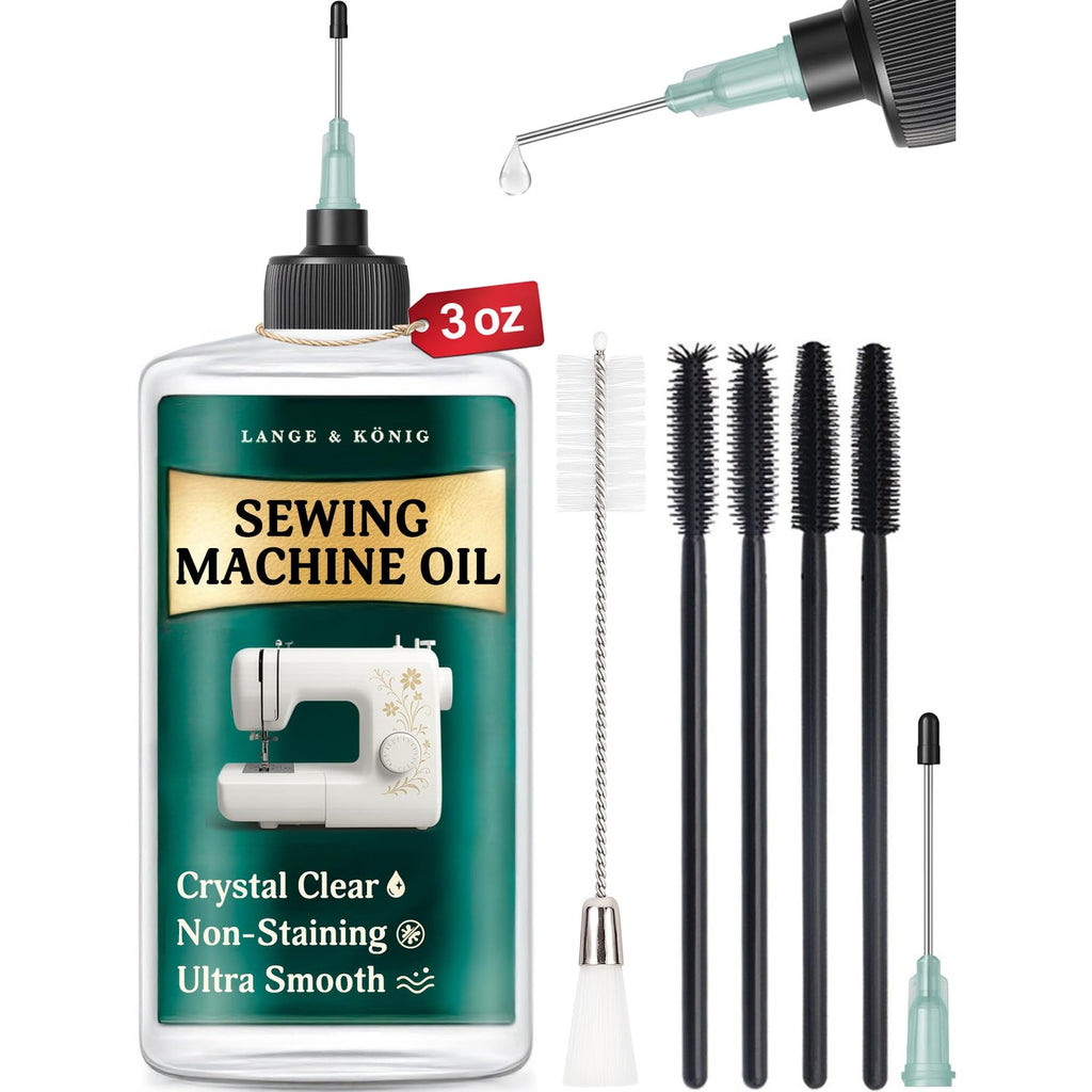 Lange & König 3.4 Oz Sewing Machine Oil Set Including 1" & 1.5" Precision Oil Applicators & 5X Specialized Deep Cleaning Brushes - Sewing Supplies, Sewing Products (Crystal Clear)