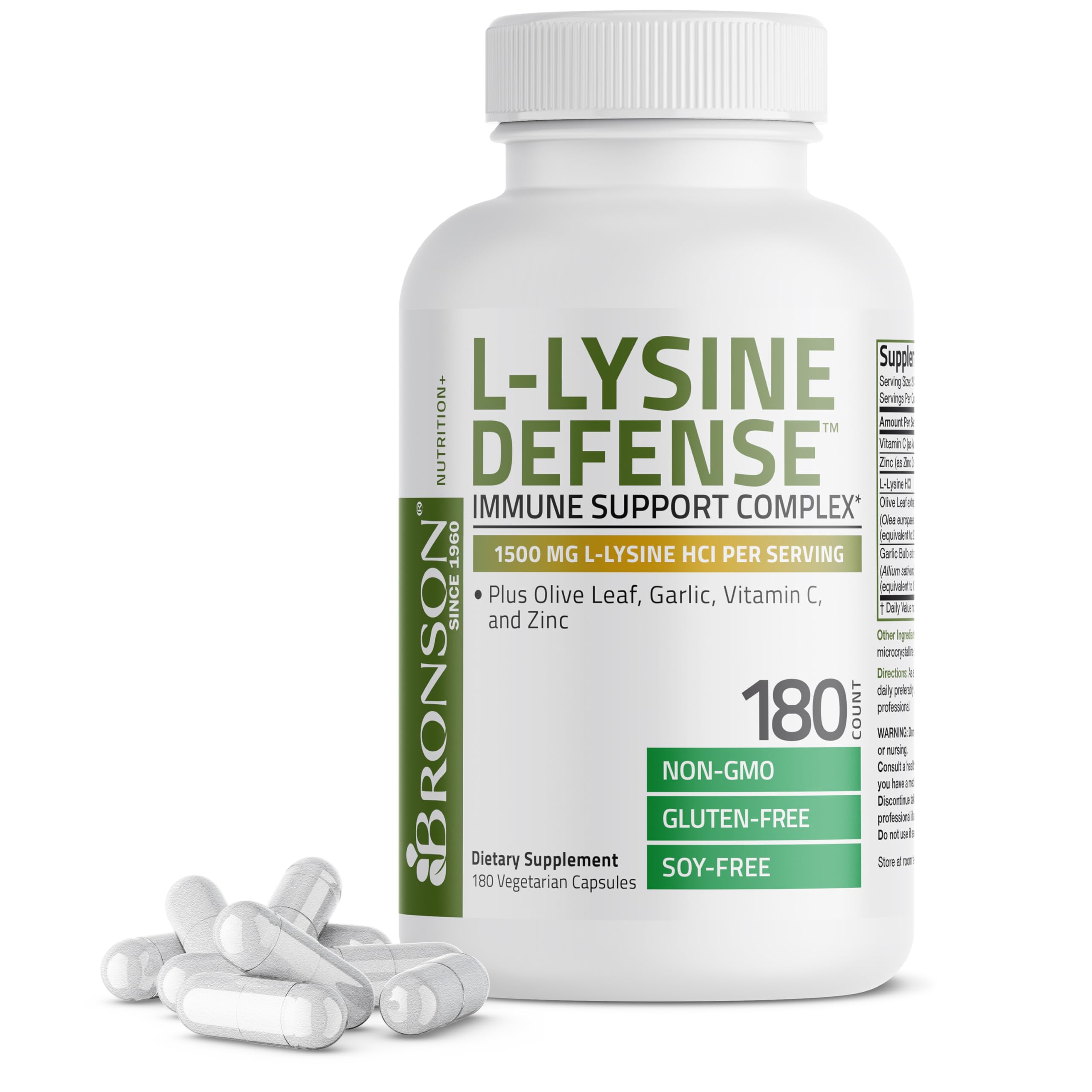 Bronson L-Lysine Defense Immune Support Complex, 1500 mg, 180 Capsules | Essential Amino Acid with Olive Leaf, Garlic, Vitamin C & Zinc, Vegetarian, Non-GMO, Gluten-Free & Soy-Free