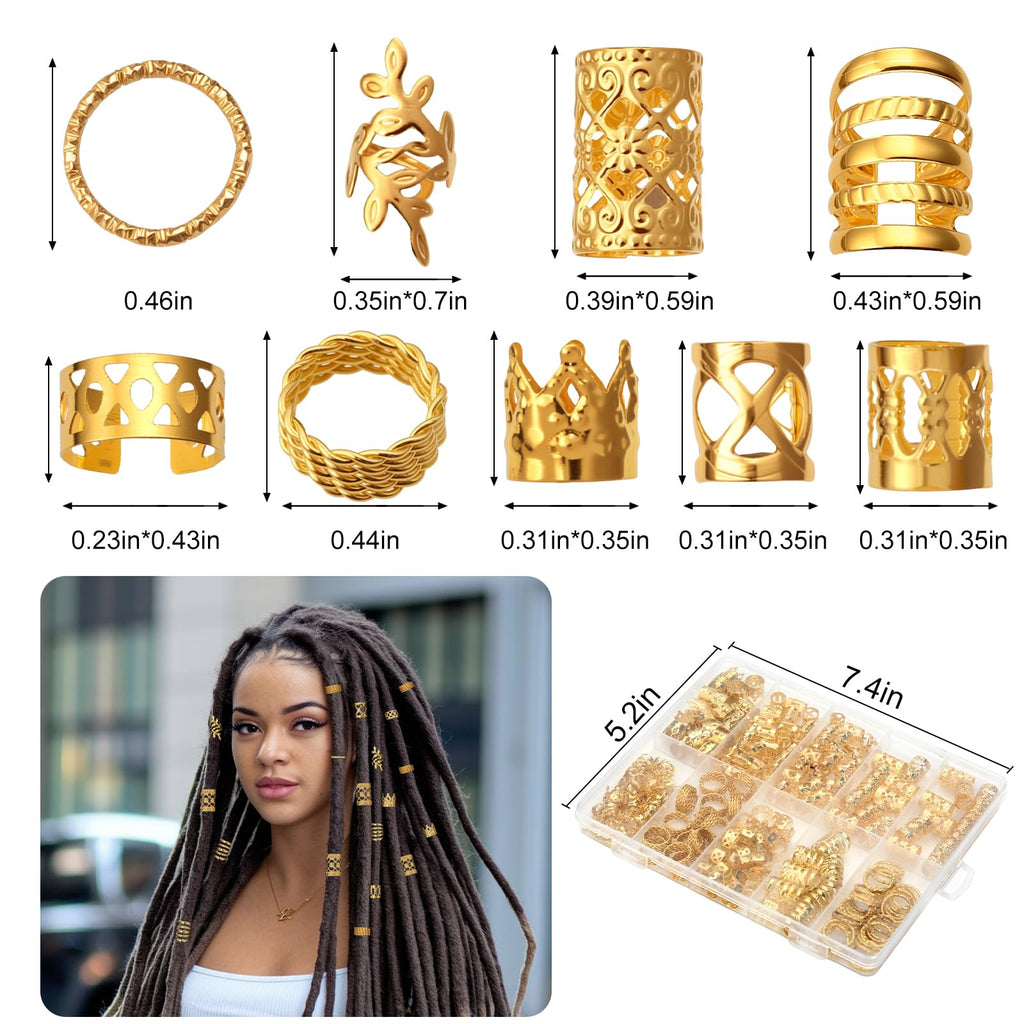 CPOXITI 220Pcs Hair Jewelry for Dreadlock, Metal Hair Charms for Women, Gold Braids Rings Cuffs Clips for Hair Braids, Loc Jewelry Dreadlock Accessories