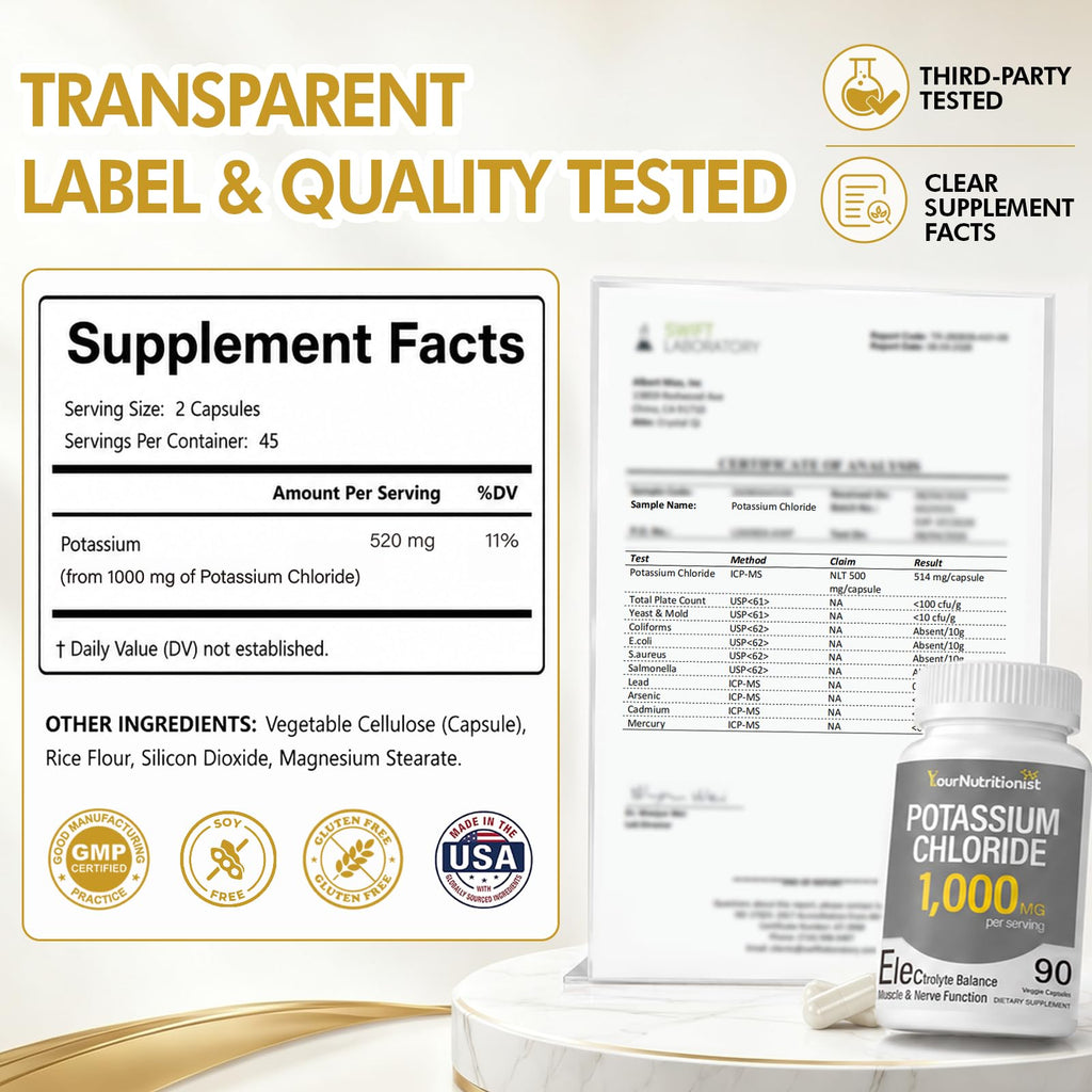Potassium Chloride 1000mg Supplement, Electrolyte Balance Support