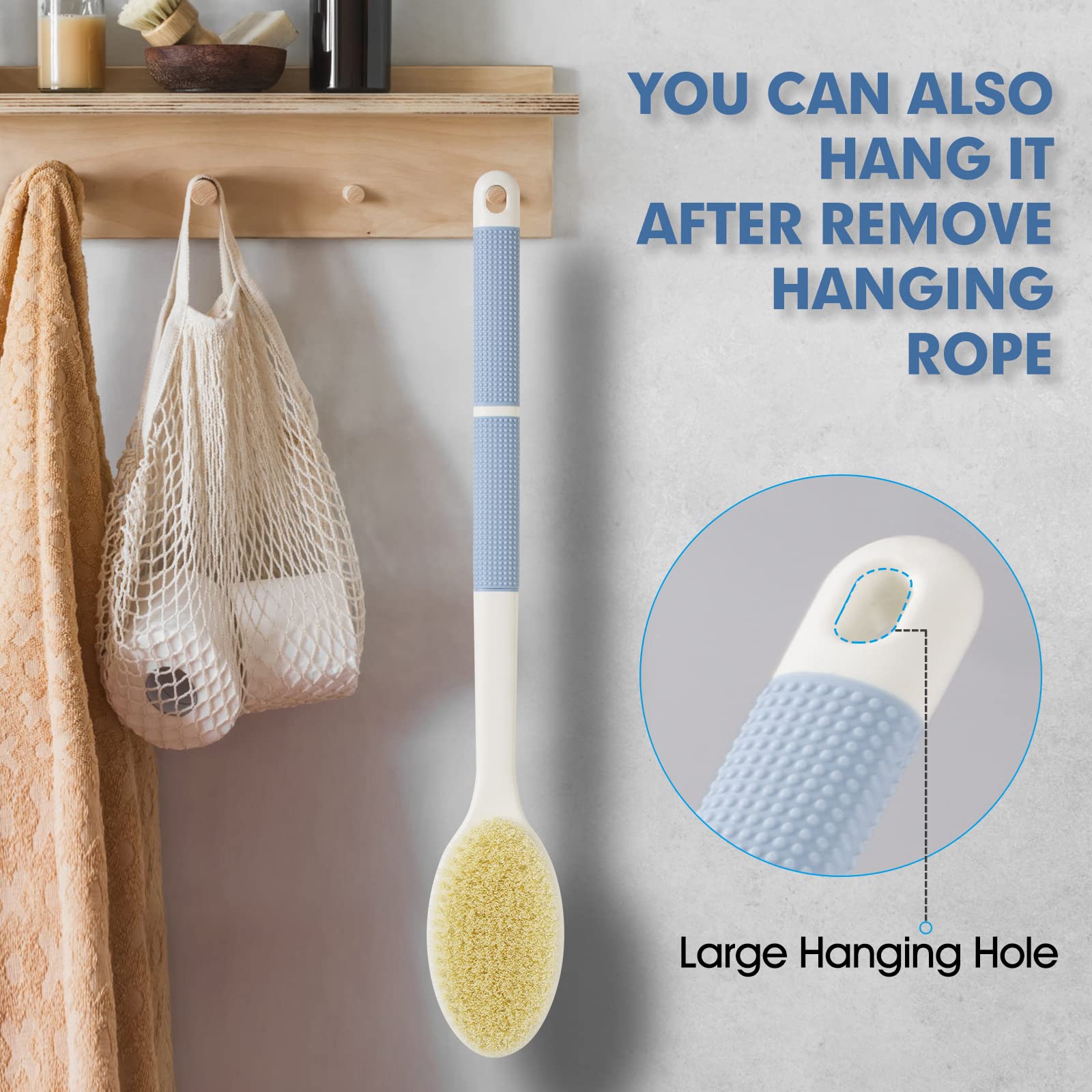 Back Scrubber Anti Slip for Shower, Shower Brush Long Handle with Stiff and Soft Bristles, Body Exfoliator for Bath or Dry Brush(Blue)