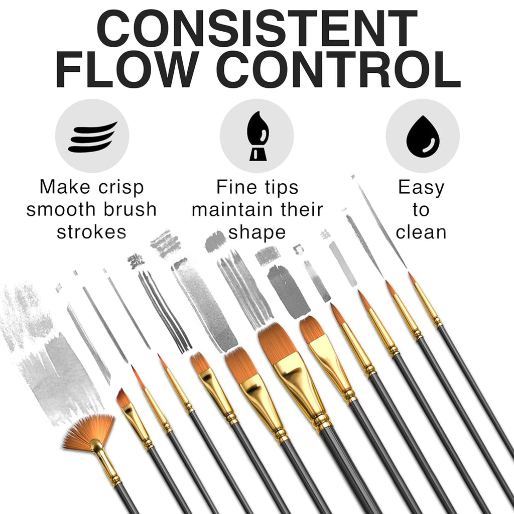 Professional Artist Paint Brush Set of 12 - Acrylic Painting Brushes Kit