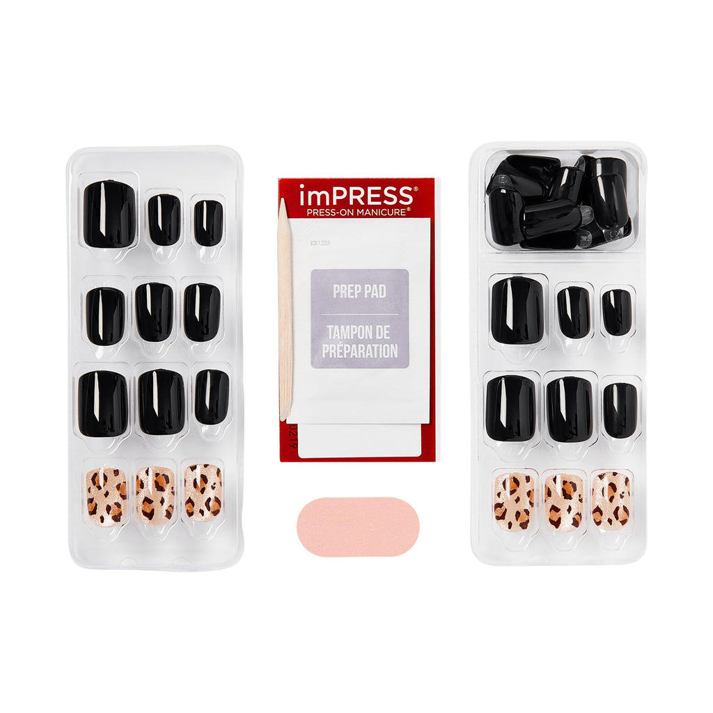 Kiss Impress No Glue Mani Press On Nails, Design, 'Romantique', Black, Short Size, Squoval Shape, Includes 30 Nails, Prep Pad, 1 Manicure Stick, 1 Mini File