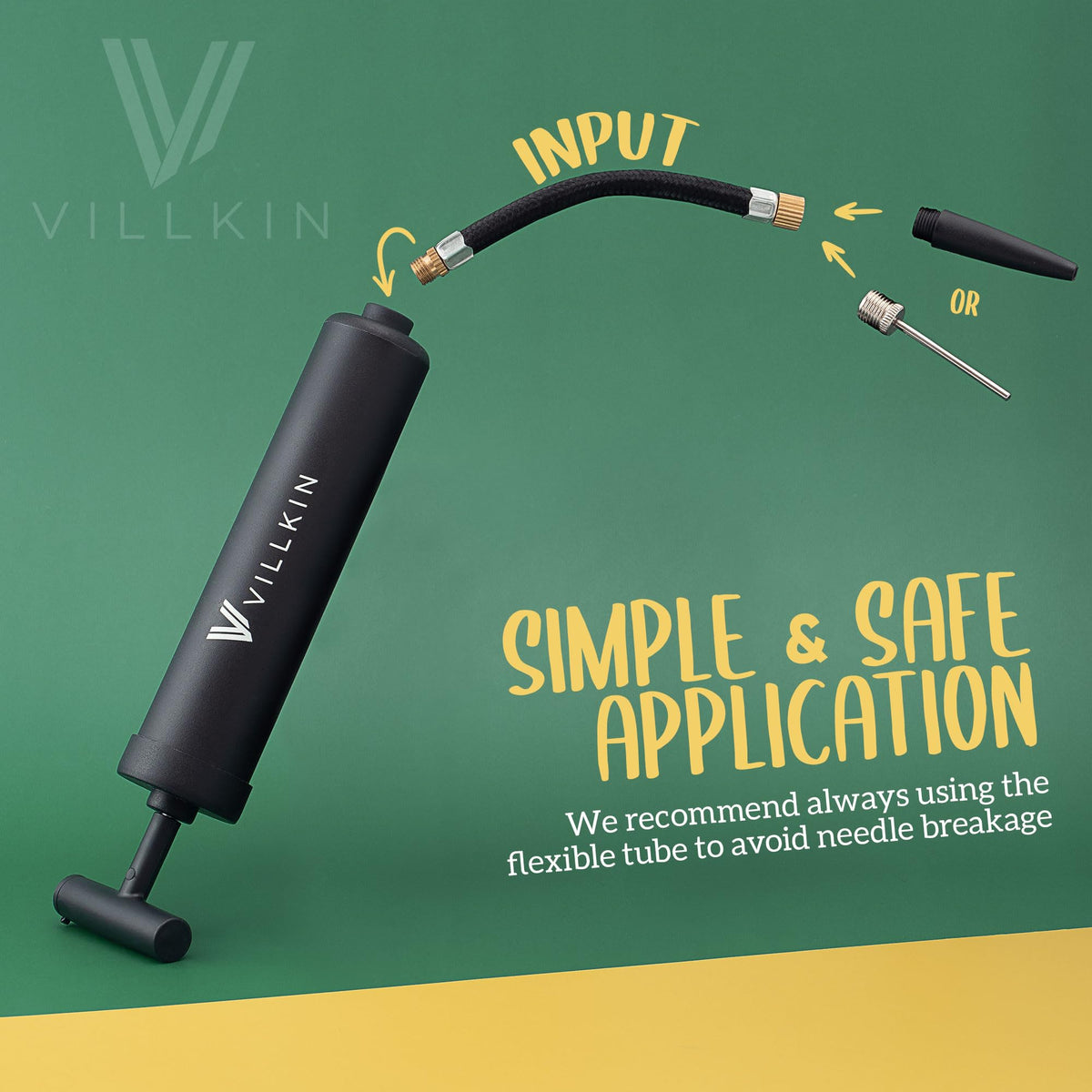 Villkin Ball Pump with Needle Storage in Handle - 4 Metal Needles, 2 Plastic Nozzles, Flexible Hose - for Soccer, Basketball, Volleyball, Handball - Black