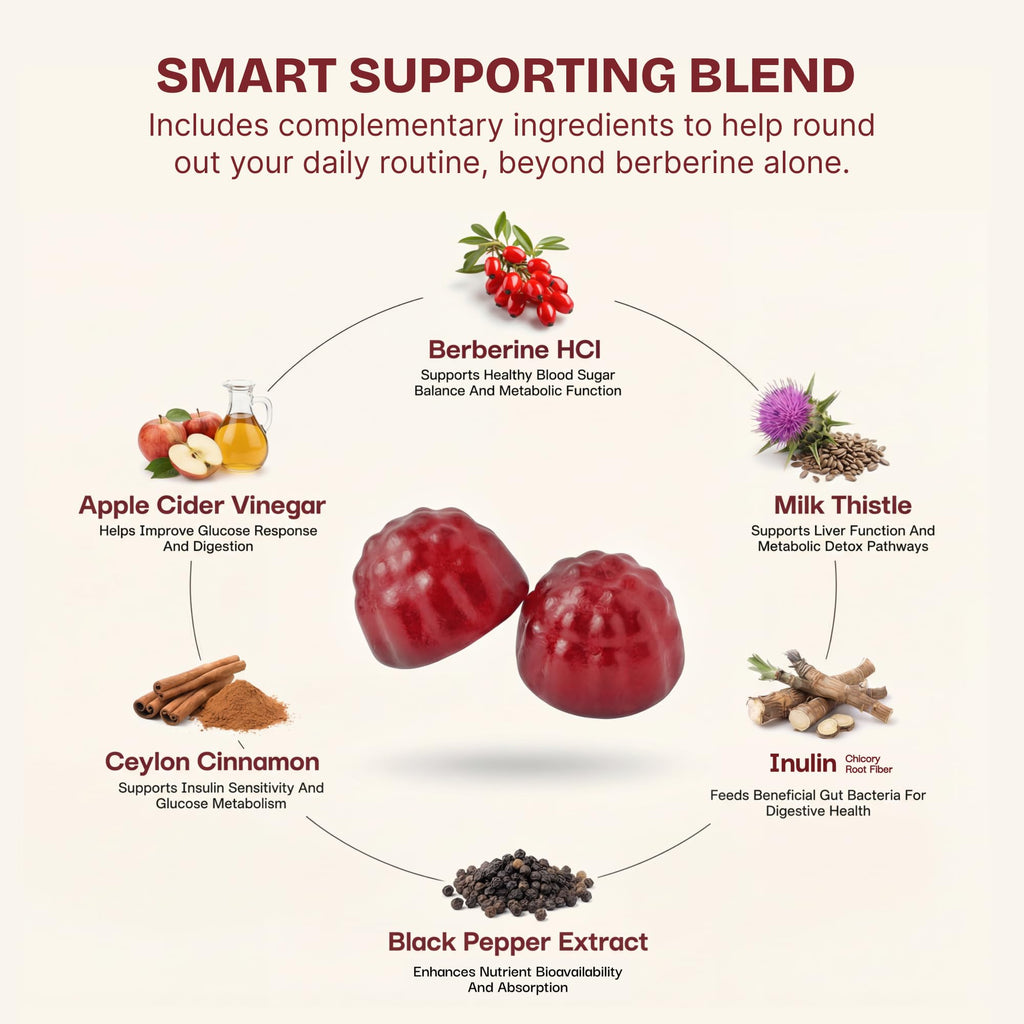 Berberine HCL 500mg Gummies with Ceylon Cinnamon, Milk Thistle, Apple Cider Vinegar & Inulin Fiber - Zero Sugar Vegan Non-GMO Supplement - 60 Count